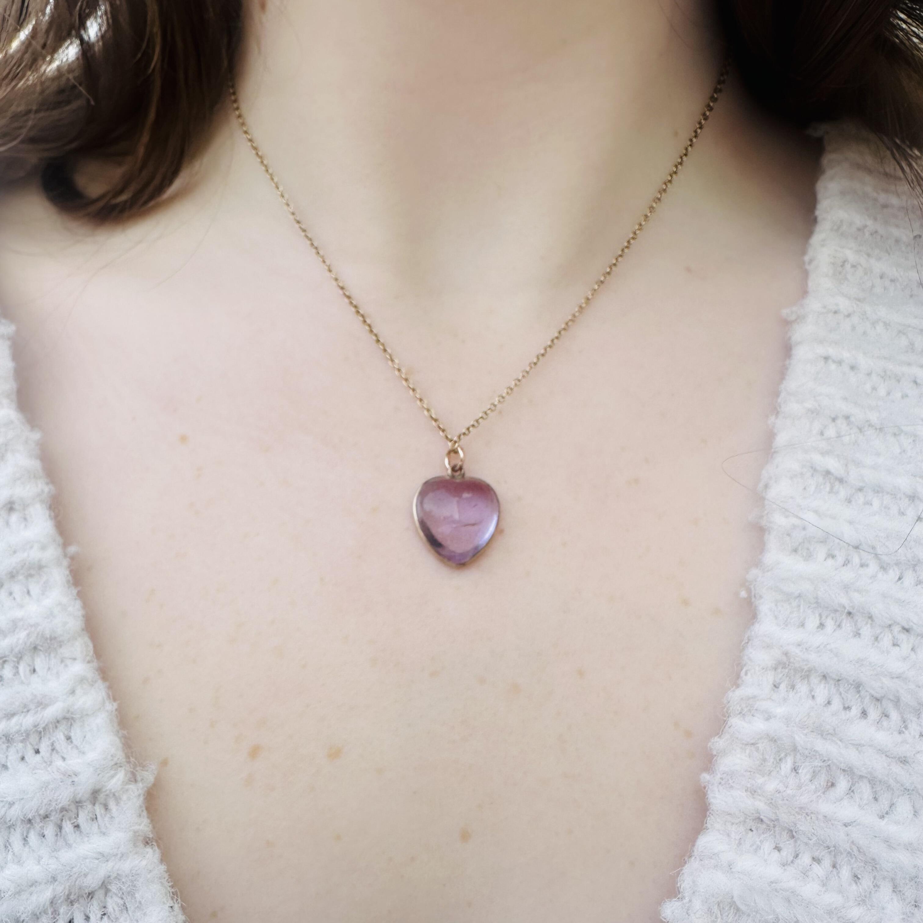 Rose de France Amethyst Heart Pendant & Gold rolo link chain worn on models neck