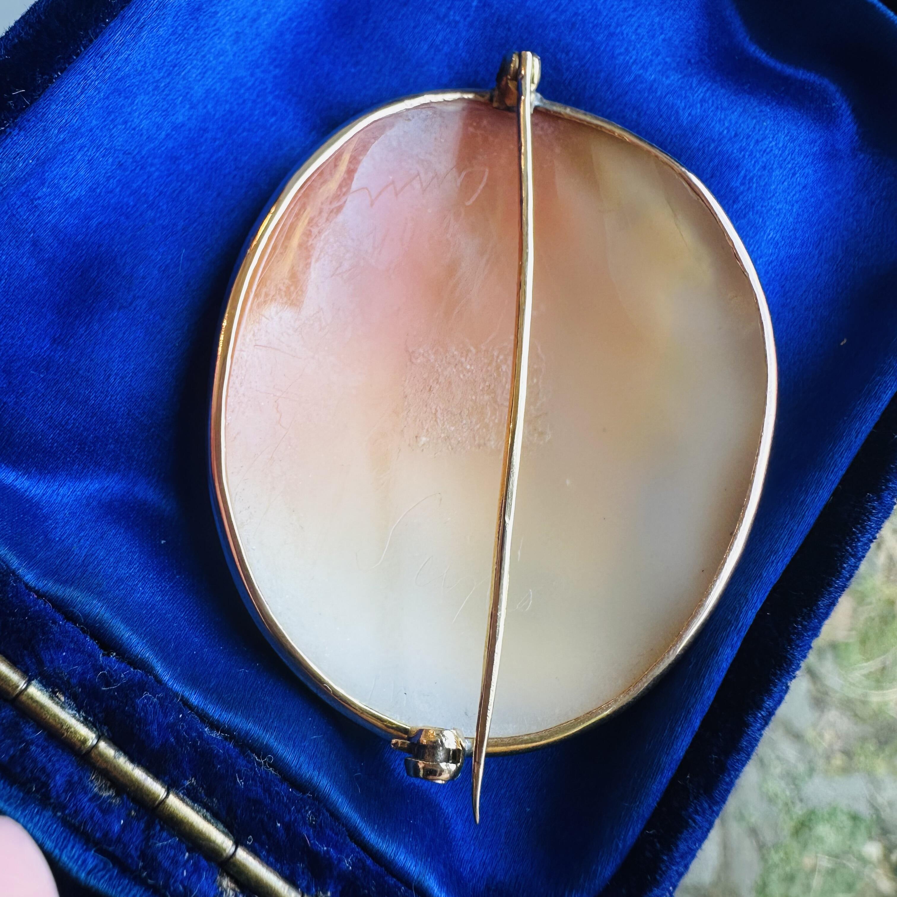 rear view of Antique Cameo Brooch Three Graces – Italian Shell Carving, Signed, Gold Mount displayed in antique box