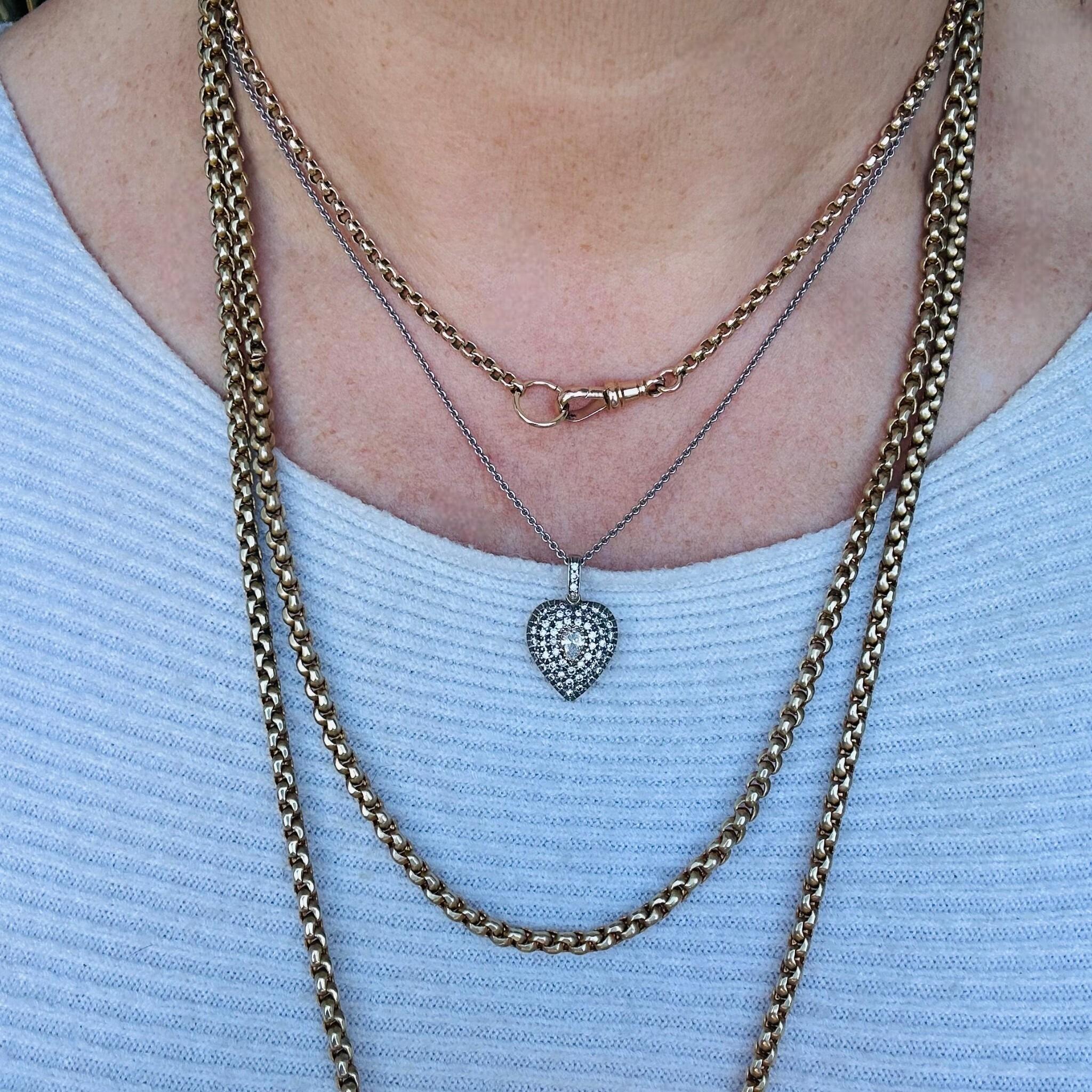 Antique Gold Belcher Link Chain Necklace & Dog Clip worn on models neck, layered with other chains