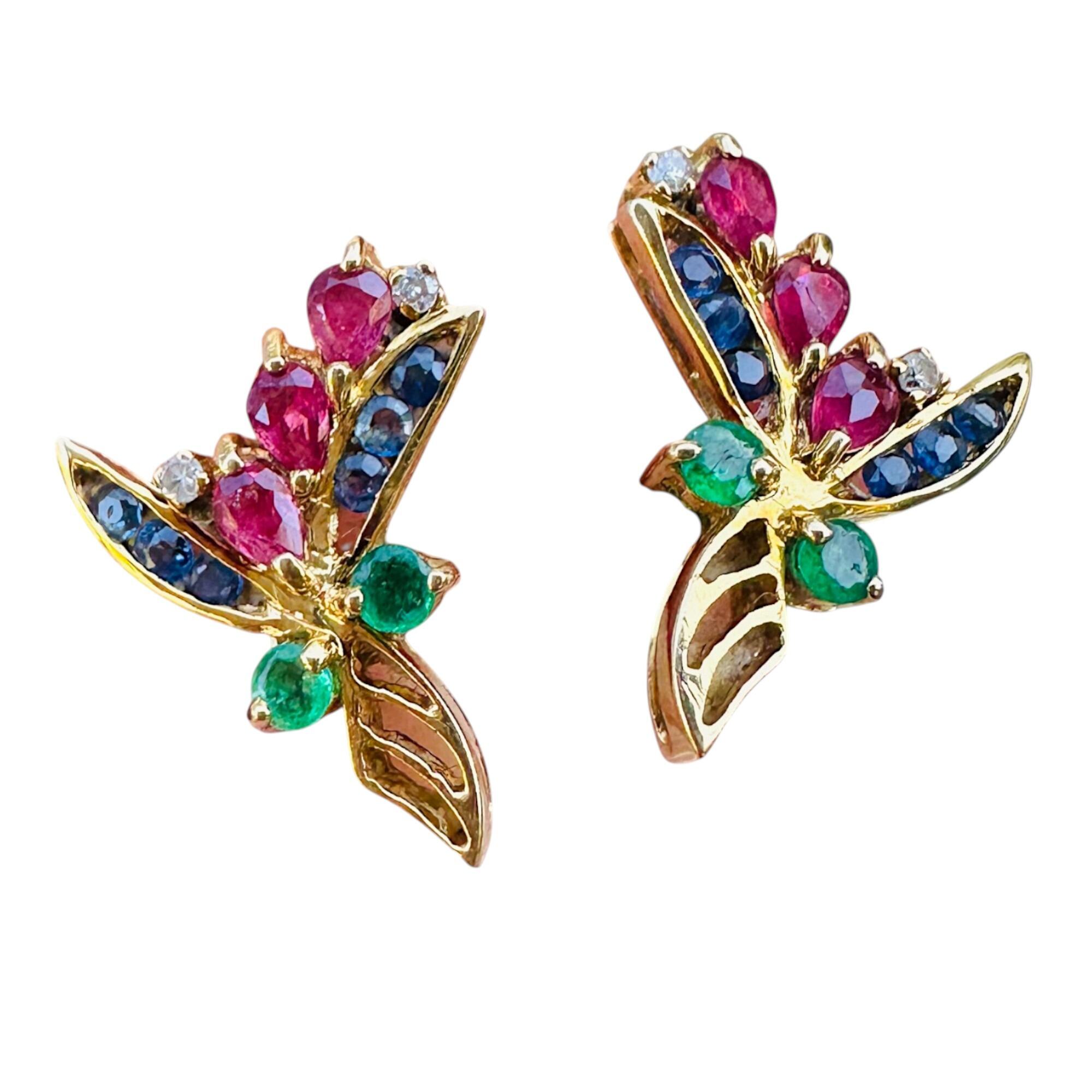18K Yellow Gold Floral Sprig Earrings with Sapphires, Rubies, Emeralds & Diamonds, White background.