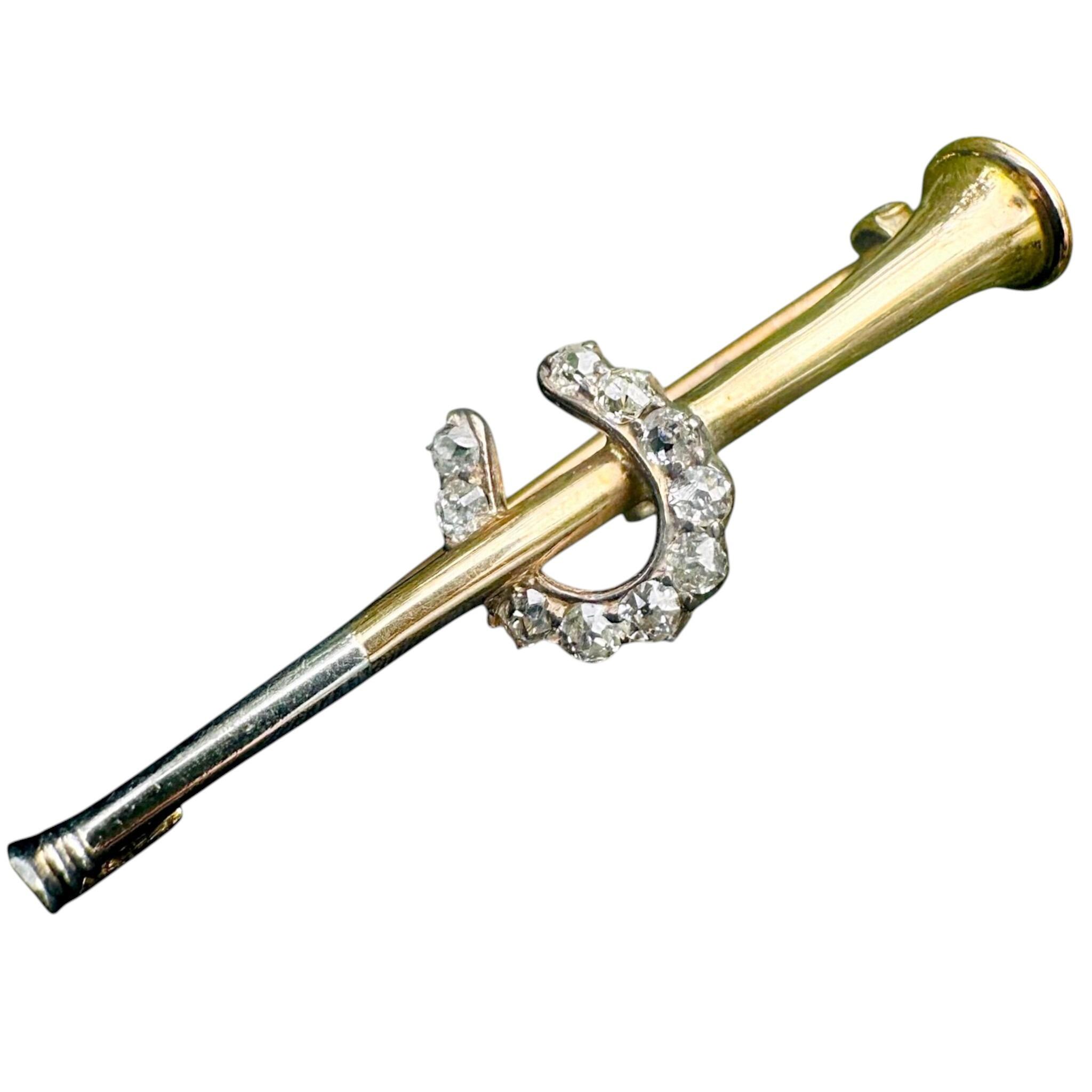 VIctorian gold Diamond Horseshoe & Bugle Brooch with white background