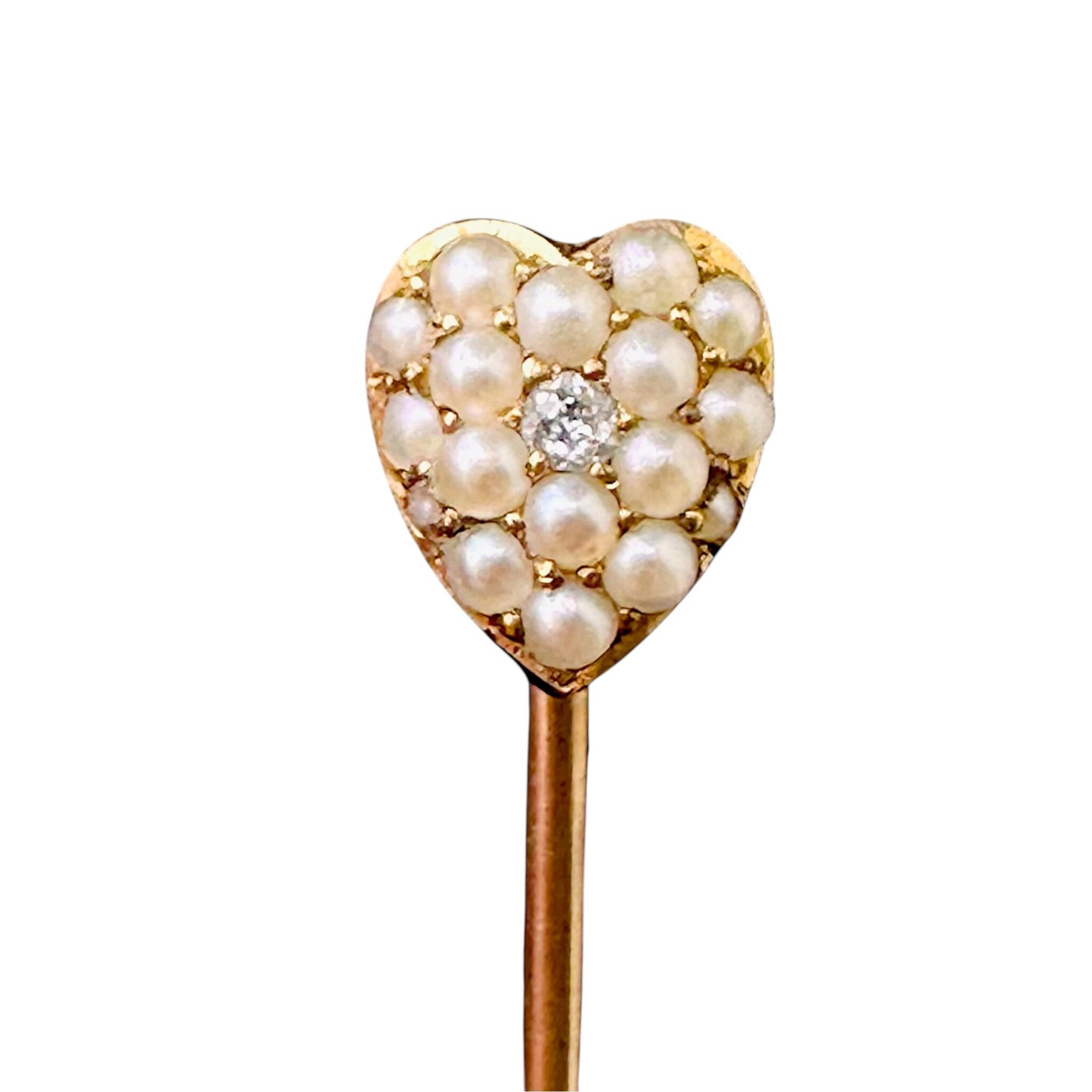 15k Gold Heart-Shaped Pearl & Diamond Stick Pin, white background.