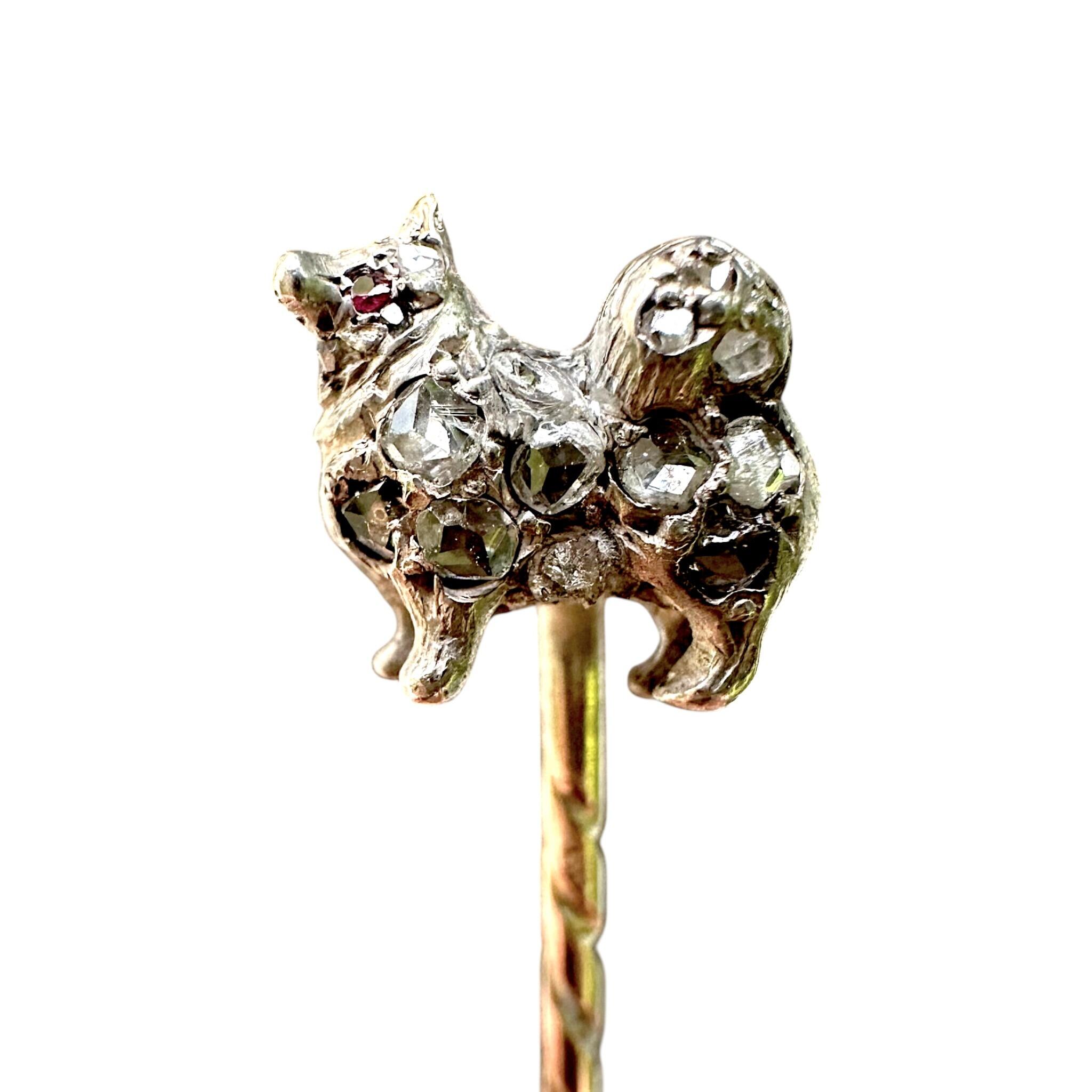 19th-century stick pin with Pomeranian dog motif and rose cut diamonds.