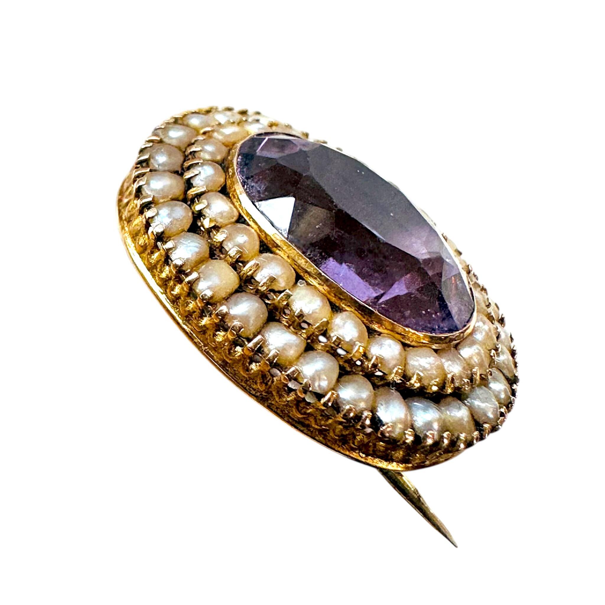side profile of Antique Victorian Gold Rose de France Amethyst & Seed Pearl Brooch with white background