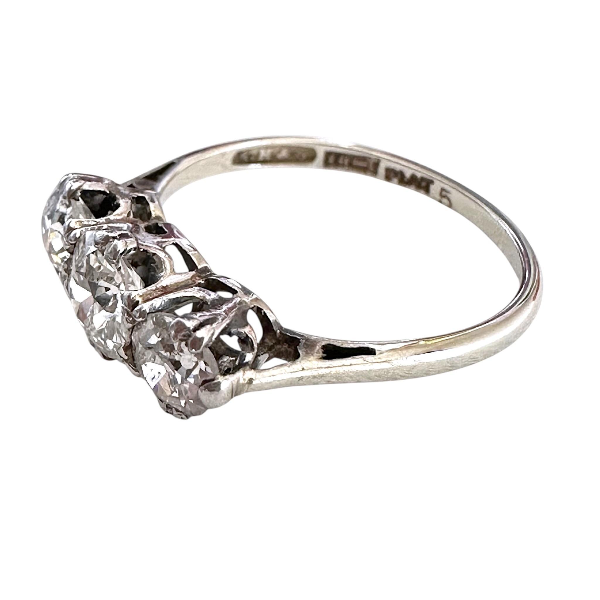side profile of Antique Art Deco18K White Gold & Platinum, Old European Cut Diamond Trilogy Ring with white background
