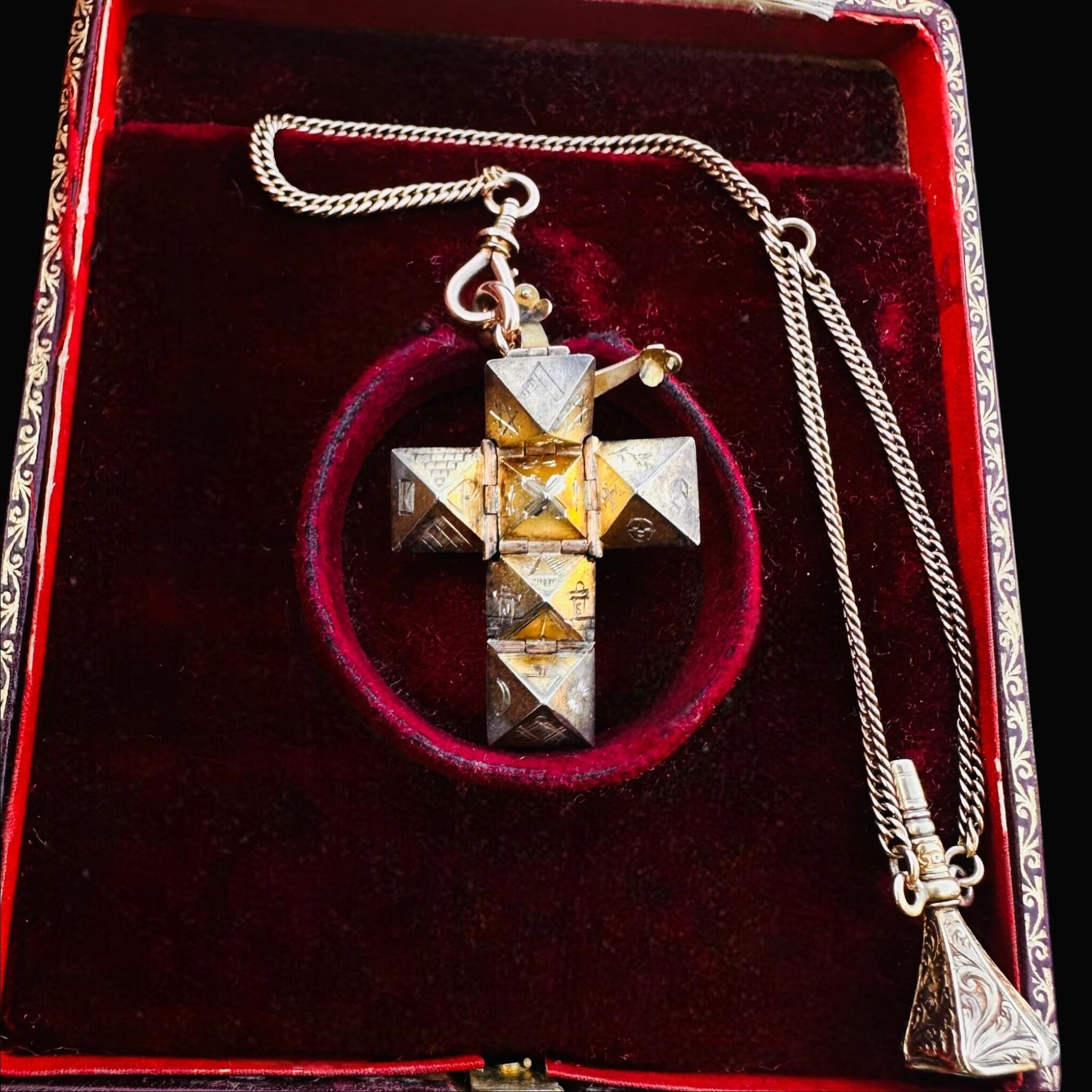 Rare Antique Rose Gold, Opening Hexagonal Cross Masonic Pendant & Bloodstone Watch Key Fob displayed on red antique box