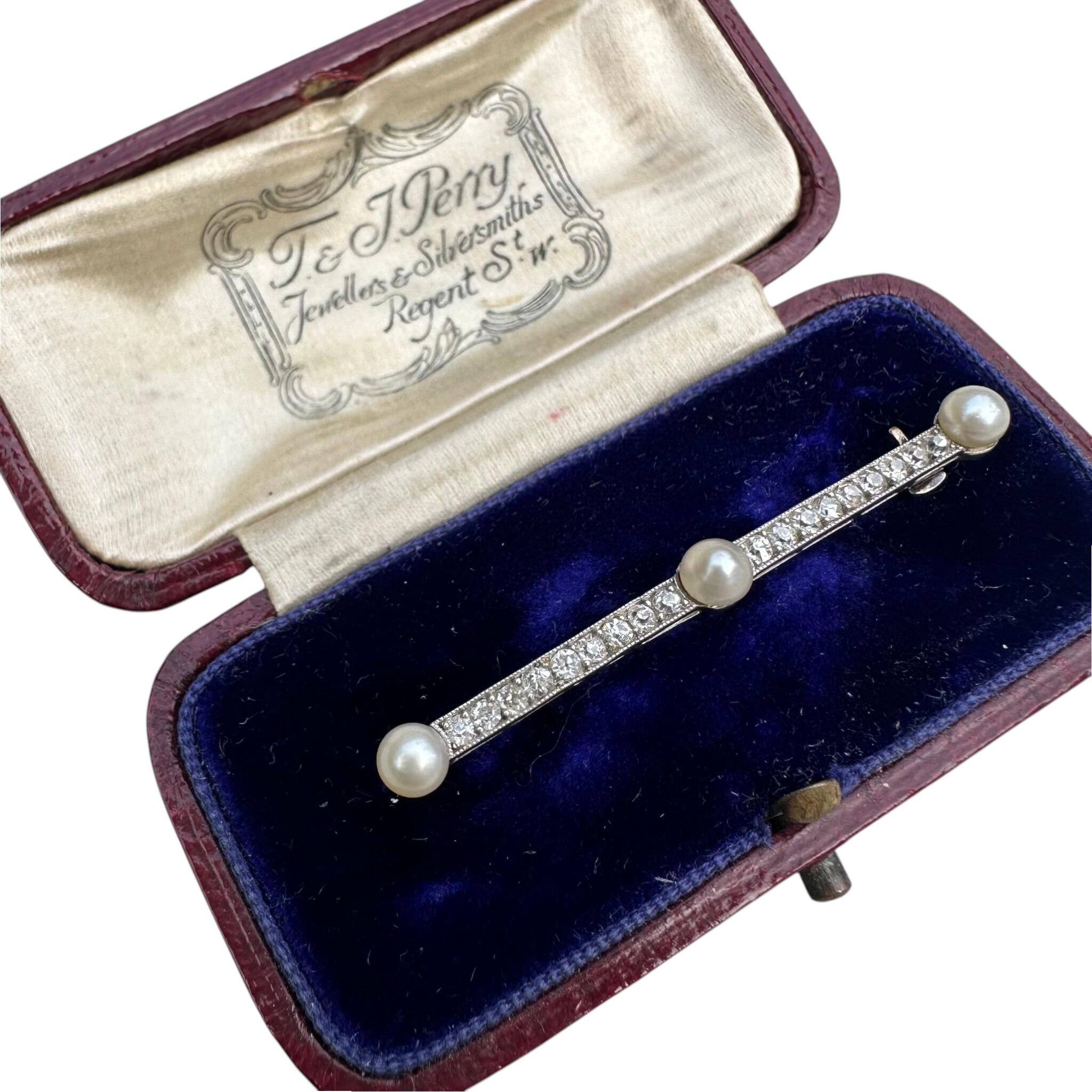 Antique Edwardian Platinum Diamond & Pearl Bar Brooch displayed in original box with white background