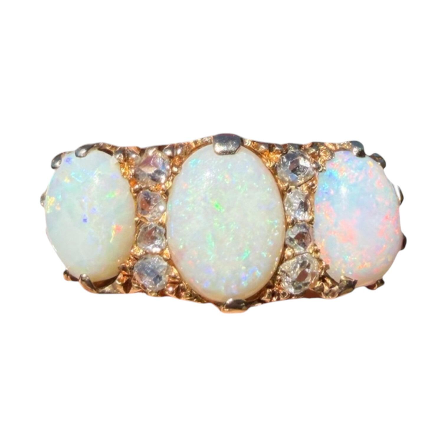 Victorian three stone opal and diamond carved hoop ring in 18ct yellow gold