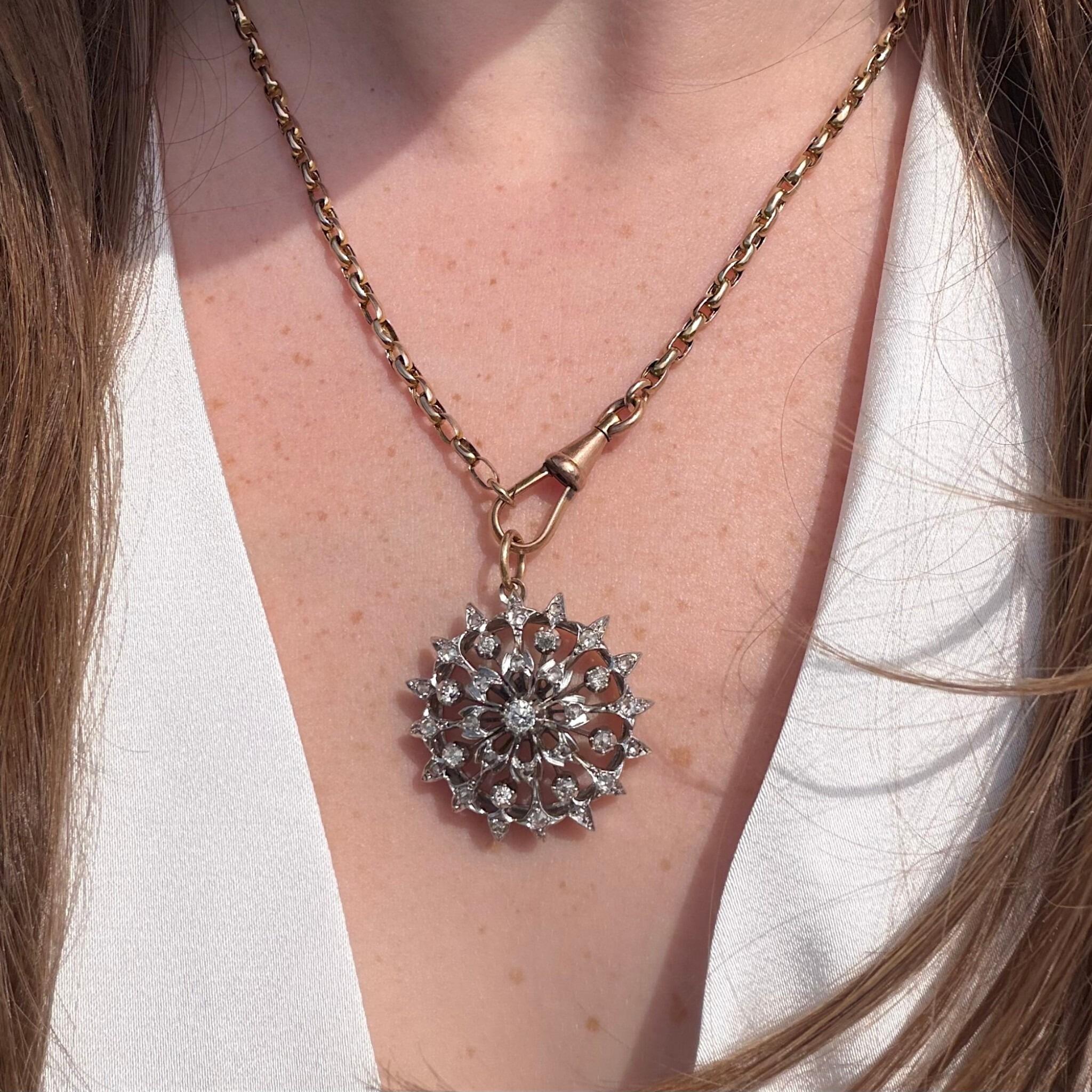 Antique Victorian Diamond Flower Pendant Brooch, displayed on models neck