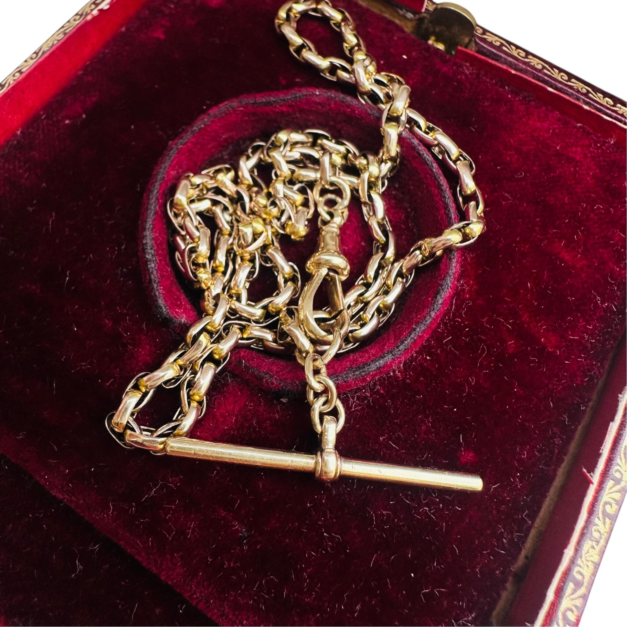 Antique Victorian Gold Bike Link Chain, Dog Clip & T-bar Clasp displayed on antique box