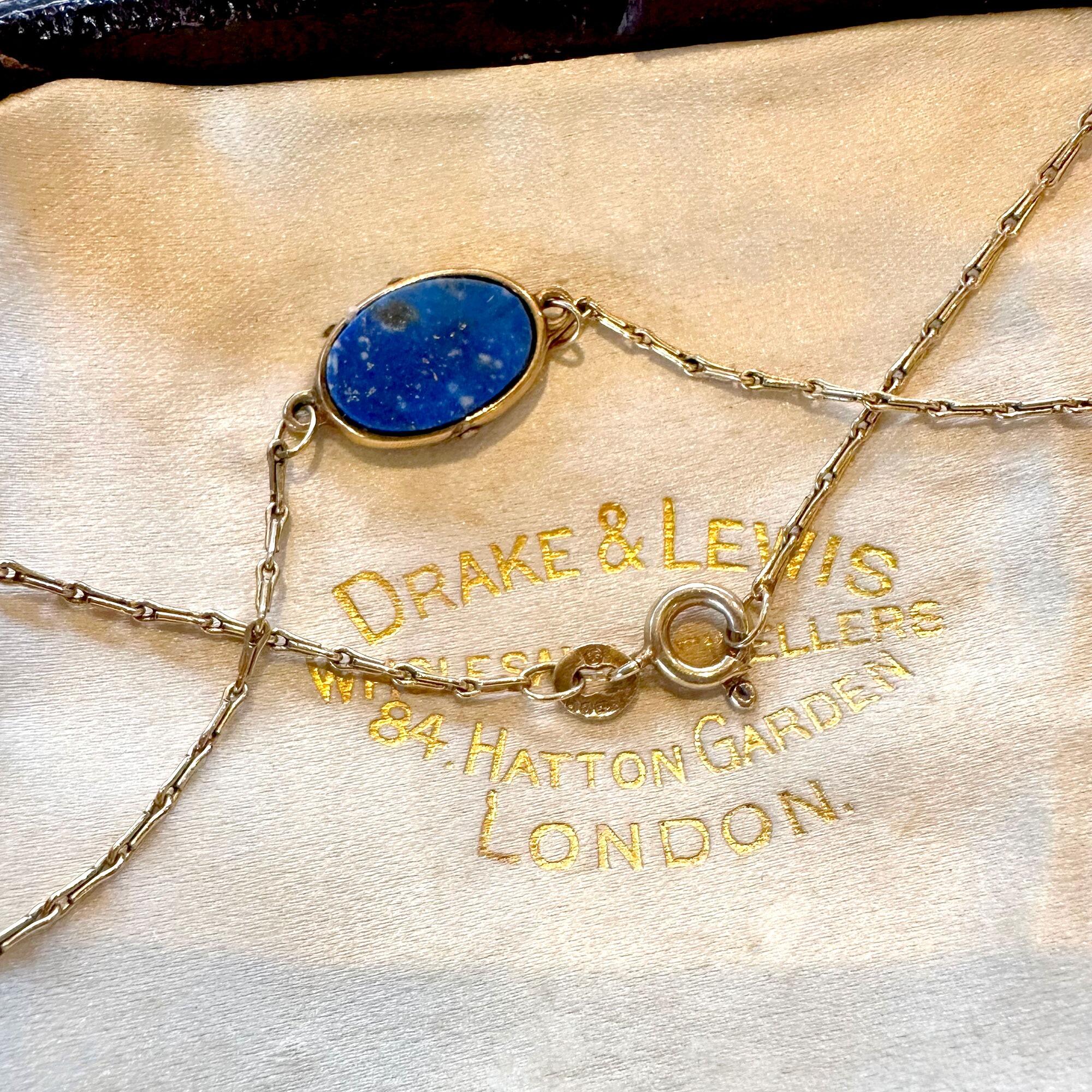 Vintage 9ct gold lapis lazuli pendant necklace on antique box