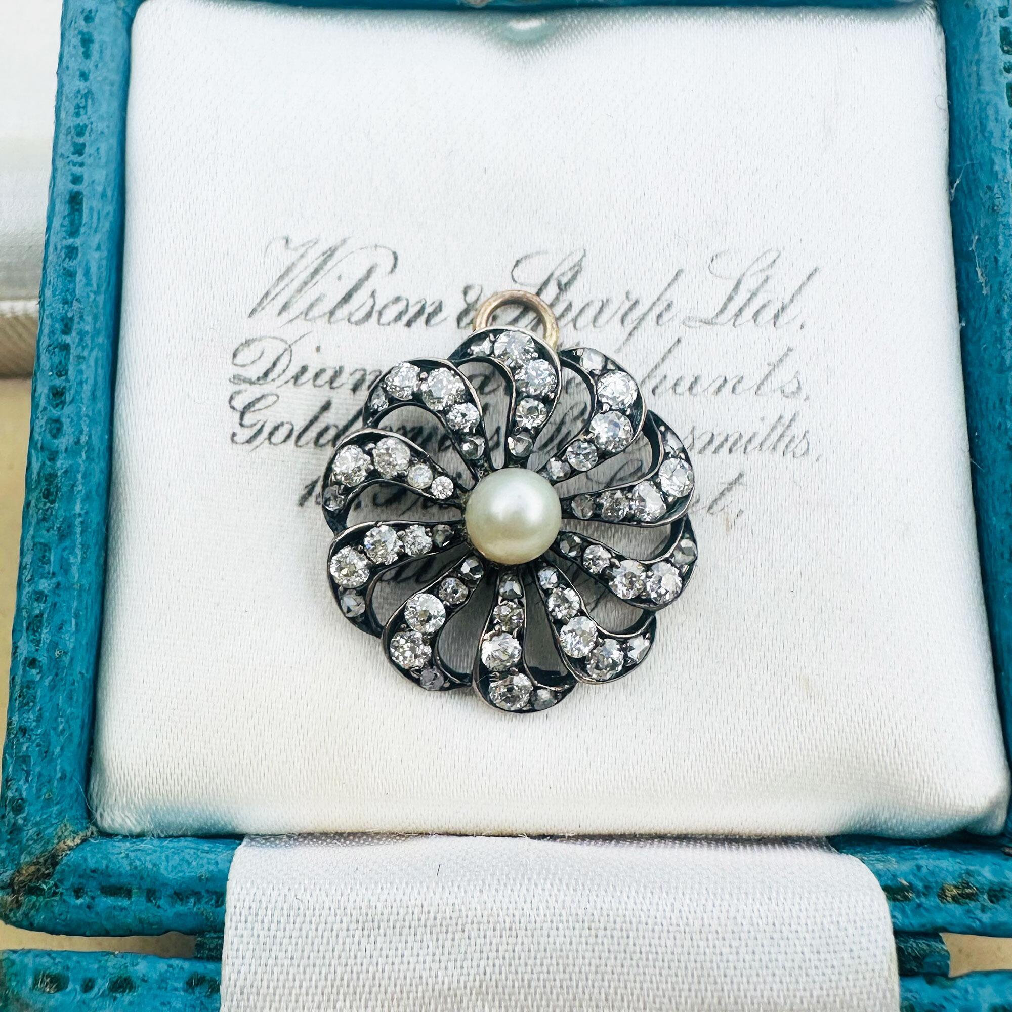 antique diamond and pearl celestial sunburst pendant on antique box.