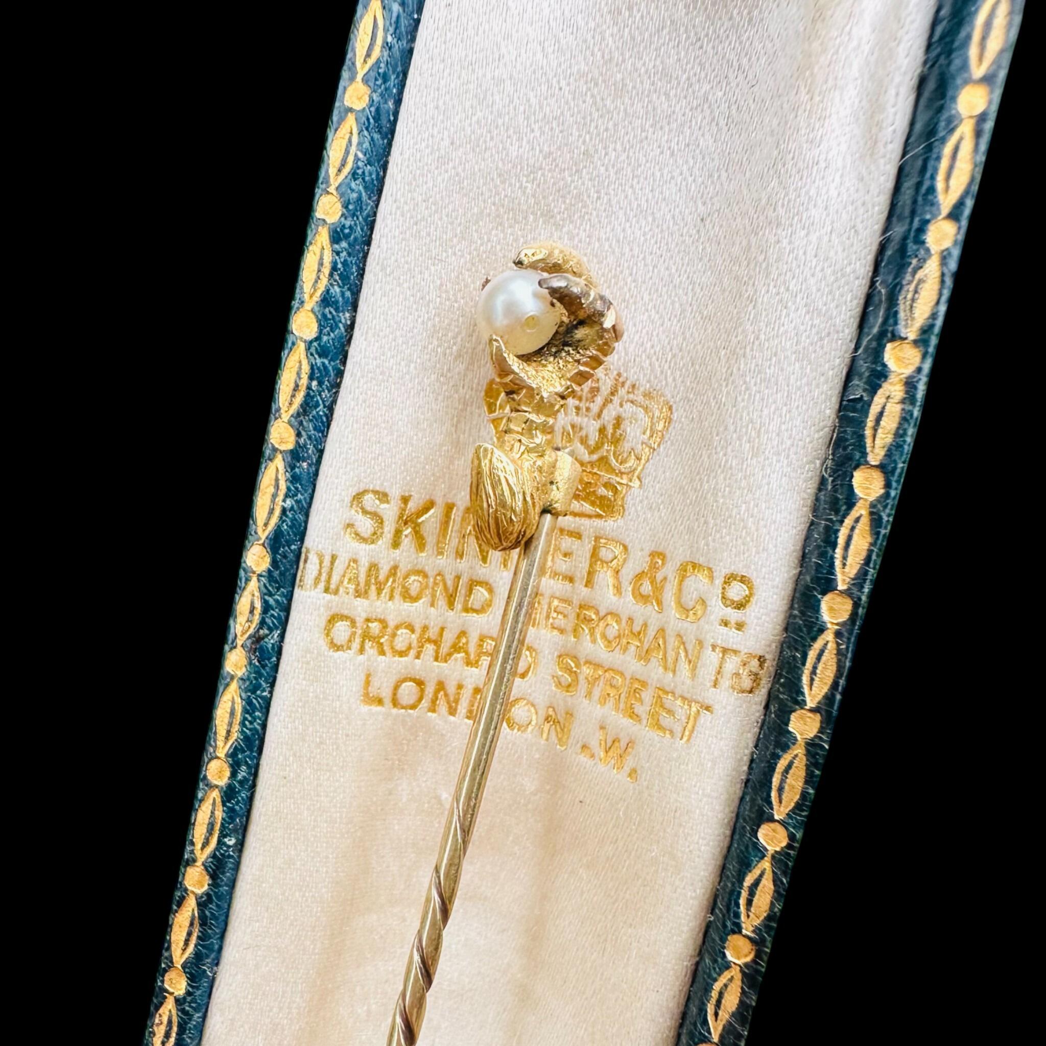 Victorian 18ct Gold Eagle Claw Pearl Stick Pin, Circa 1890, displayed in antique box.