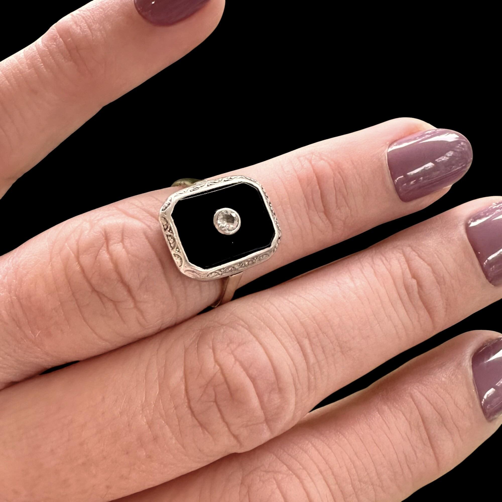 Art Deco 14k Gold Onyx Diamond Ring – 1930s Vintage Jewelry, worn on models hand.