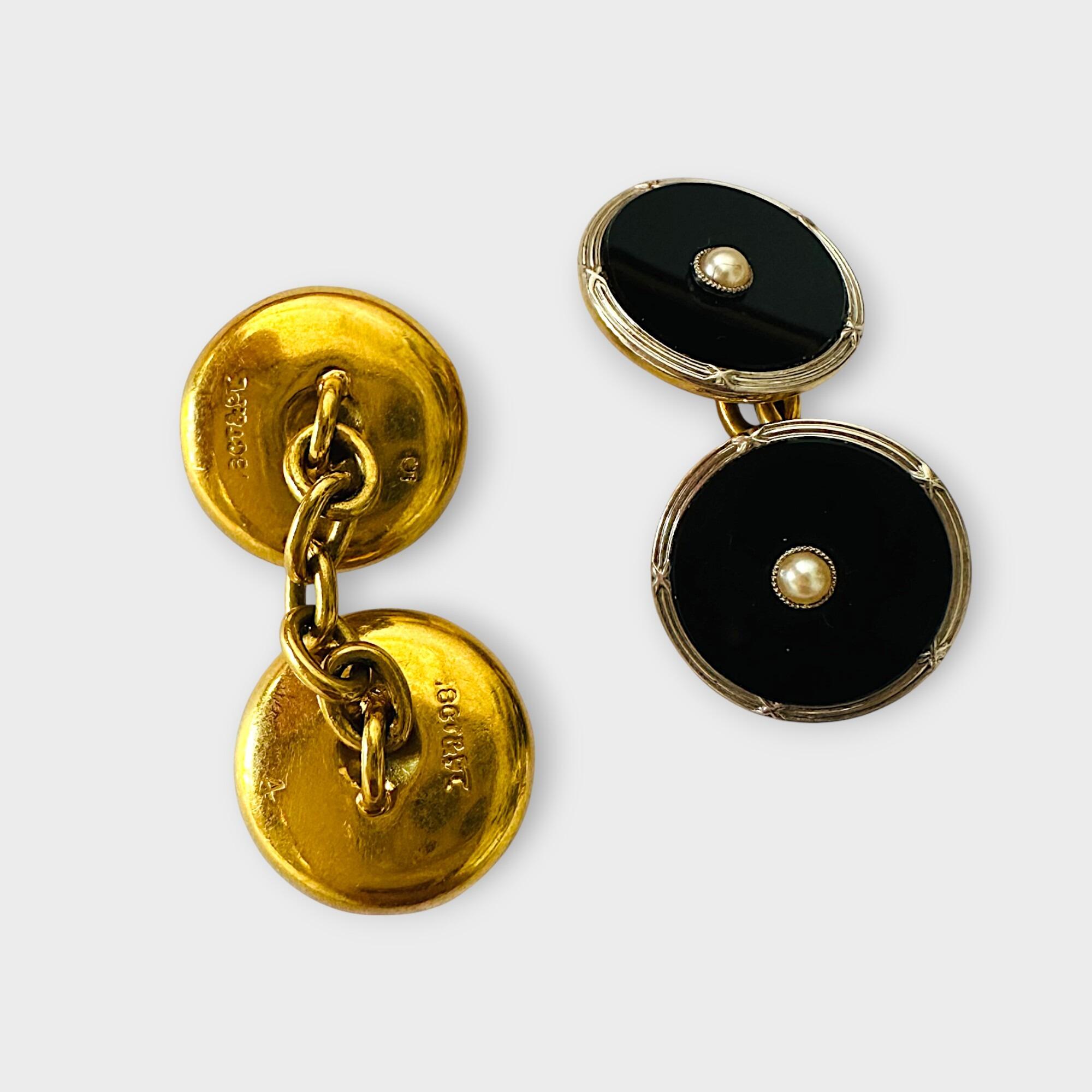 Art Deco 18ct Gold & Platinum Black Onyx and Pearl Cufflinks, grey background.