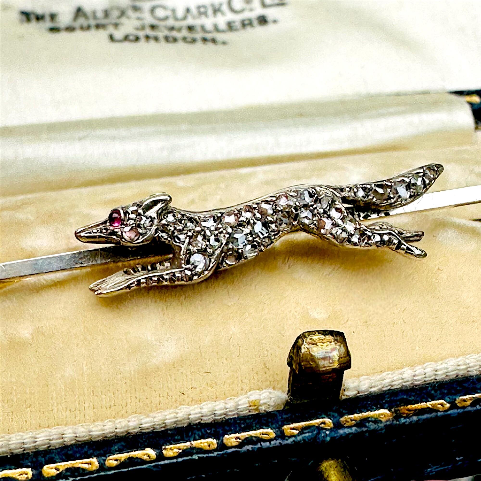 side view, Edwardian Diamond Set Running Fox Brooch in original box