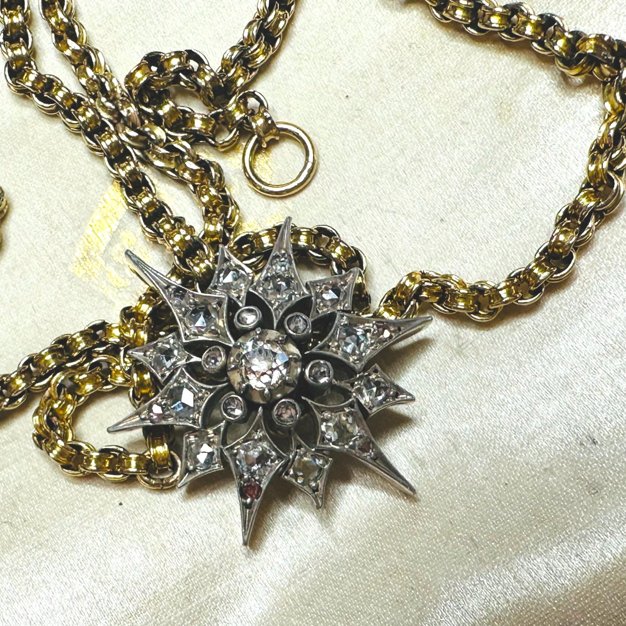 Victorian Diamond Star Pendant, Antique Silver & Rose Gold Starburst, displayed in antique box