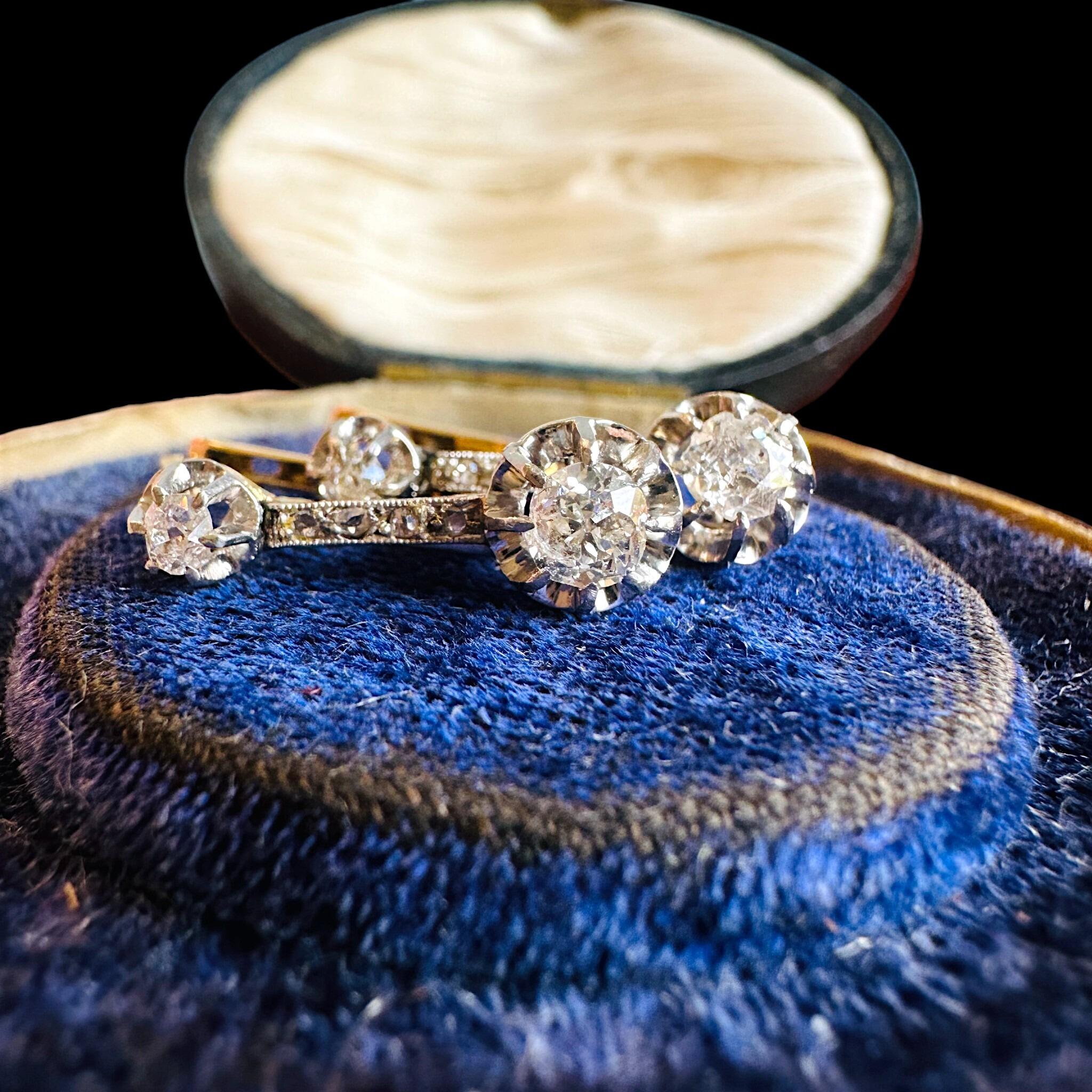 French Belle Époque Dormeuse Earrings in 18K Gold with 0.50ct Diamonds – Hallmarked with French Eagle, displayed in antique box