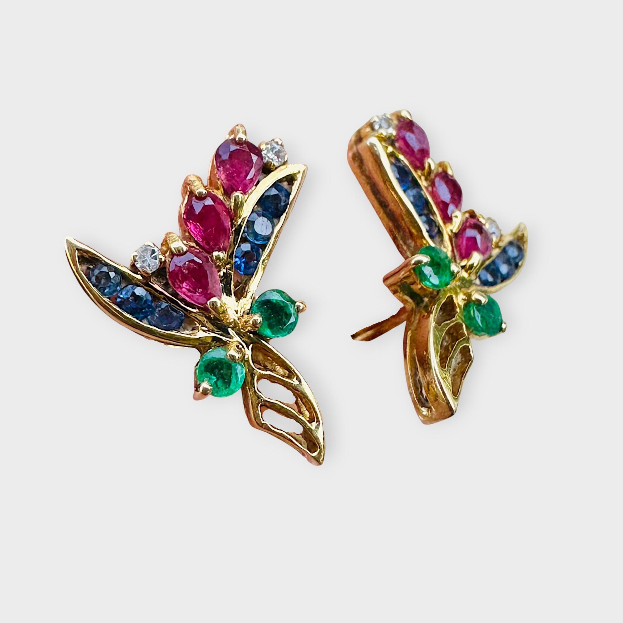 18K Yellow Gold Floral Sprig Earrings with Sapphires, Rubies, Emeralds & Diamonds, grey background.