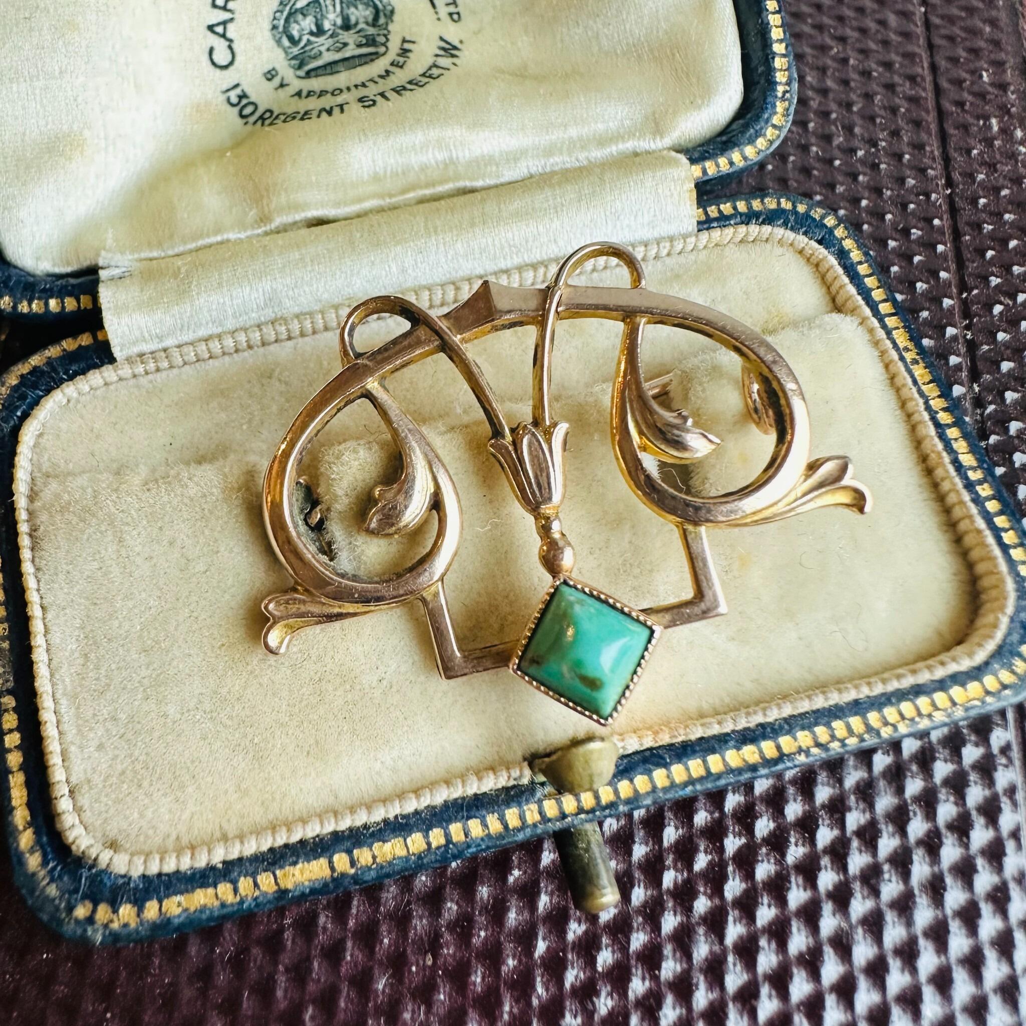 Art Nouveau Jugendstil Turquoise Brooch in 9k Rose Gold, displayed in antique box.