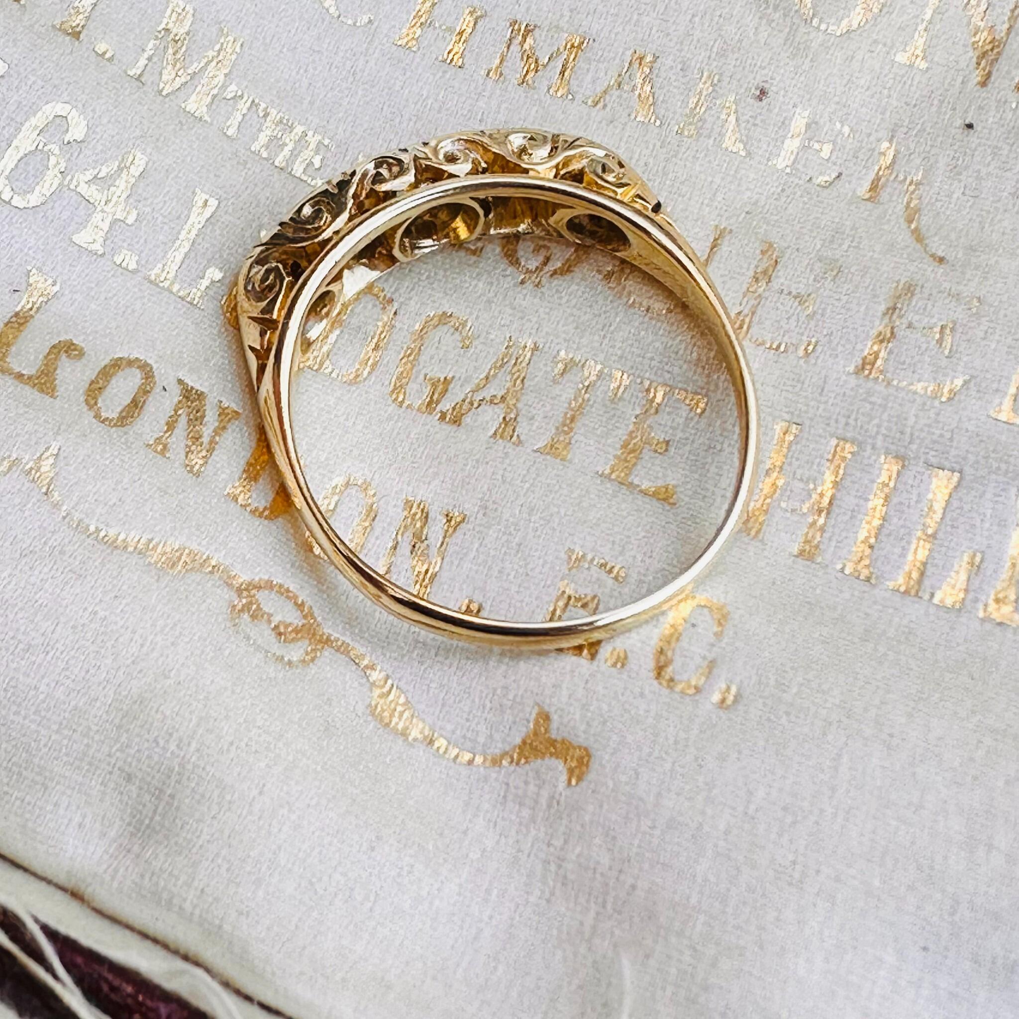 top view, Victorian 18ct Gold Old-Cut Diamond Carved Hoop Ring displayed on antique box.