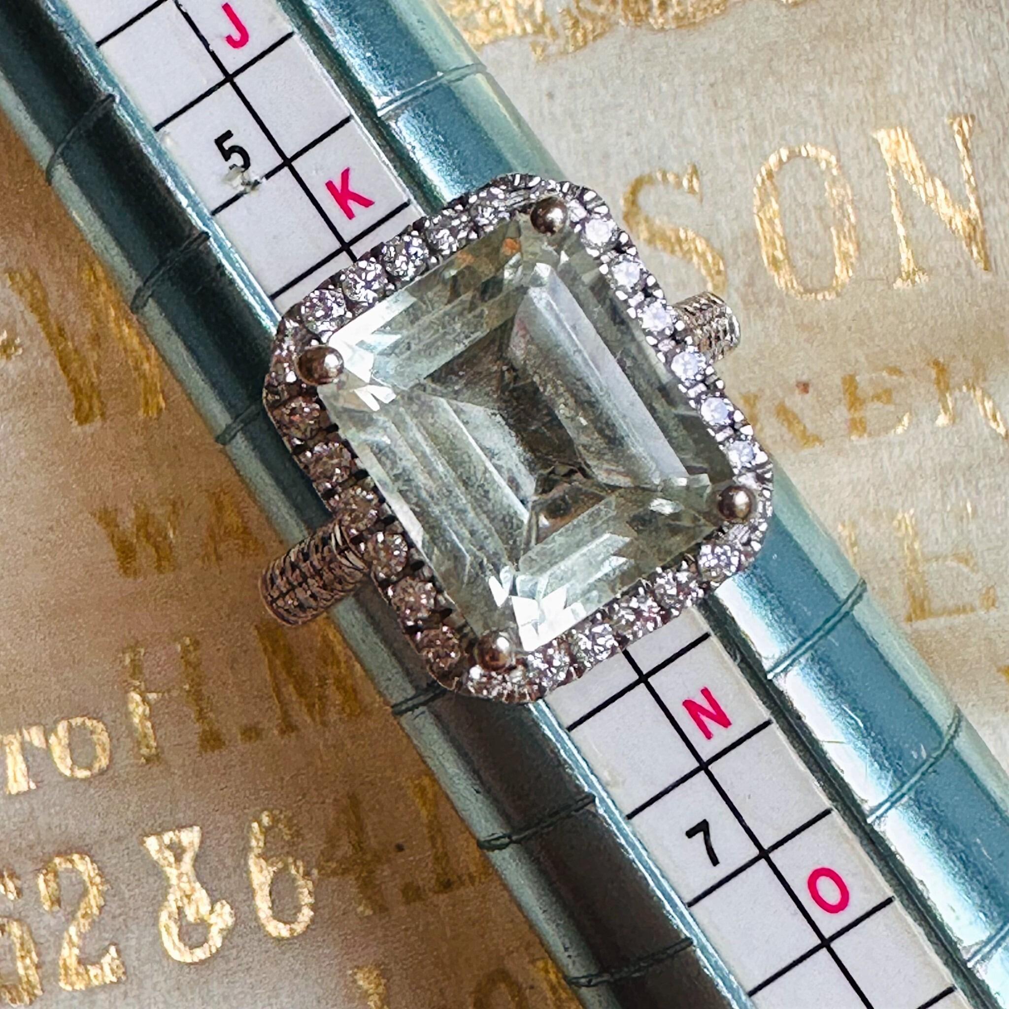 Diamond Halo & Prasiolite Cluster Ring in 14k White Gold displayed on ring sizer