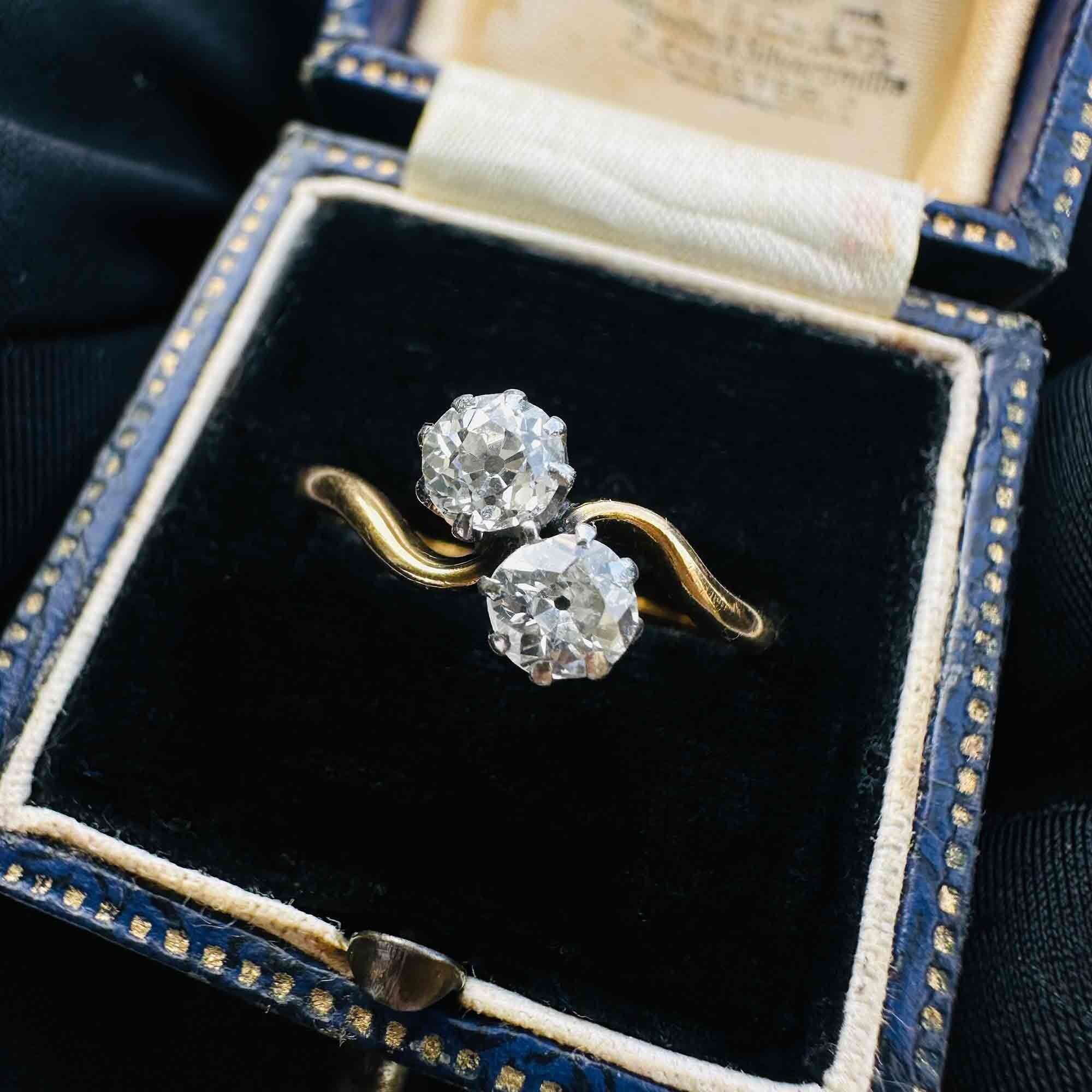 18ct Gold & Diamond Toi et Moi Ring displayed in black velvet antique box