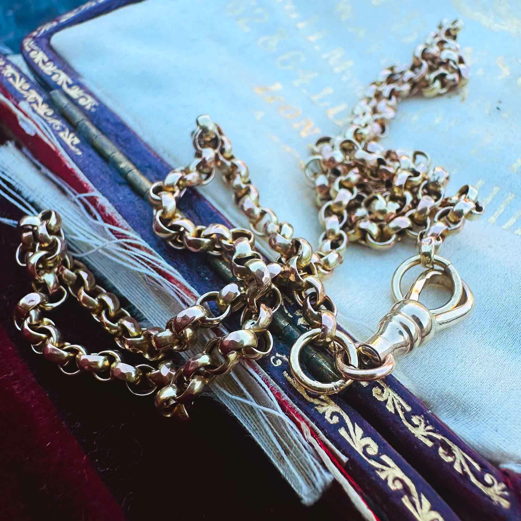 Rose Gold Belcher Link Chain & Dog Clip Clasp displayed on antique box