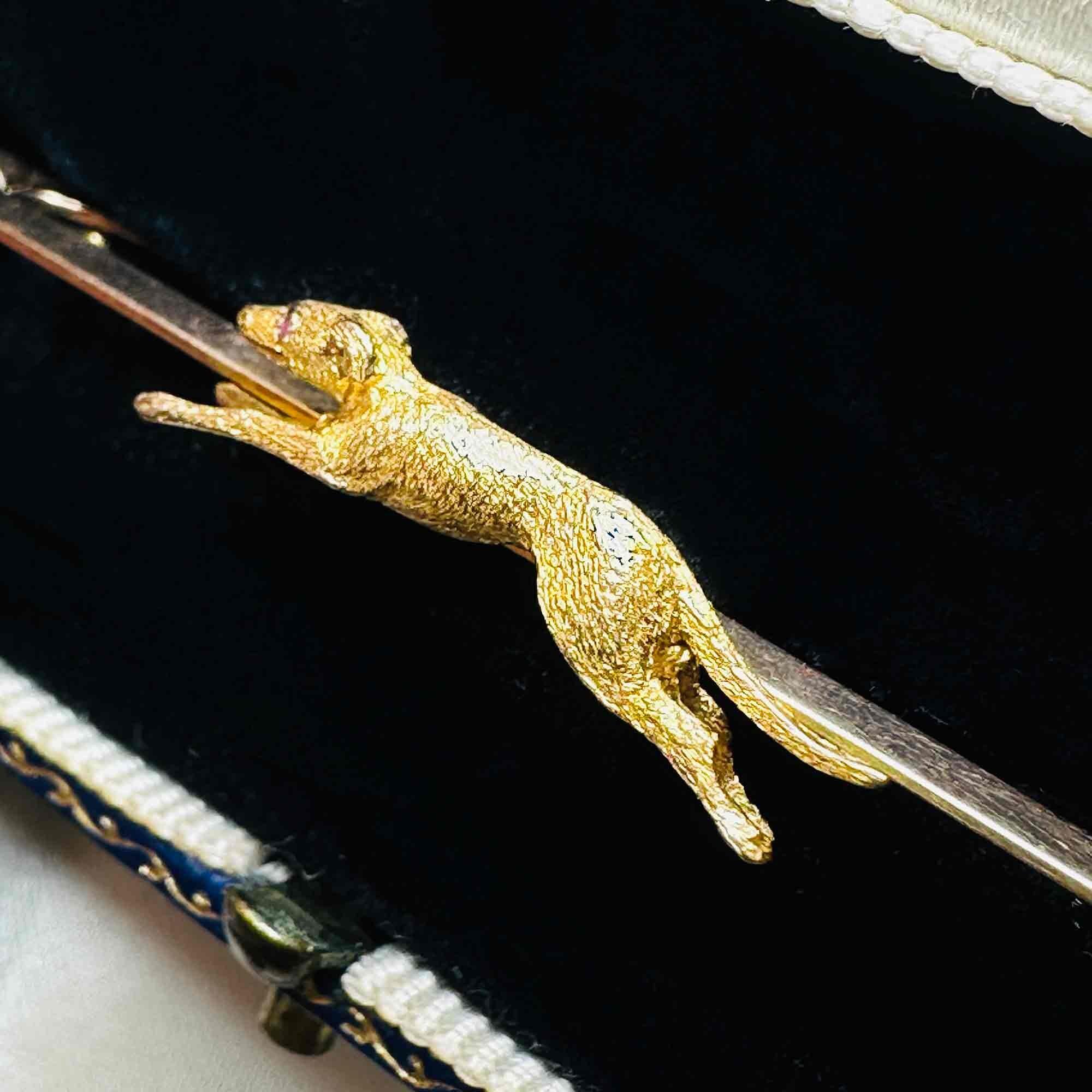 Greyhound 9k Gold Dog Pin with Ruby Eye & Original J W Benson Blue Leather Box