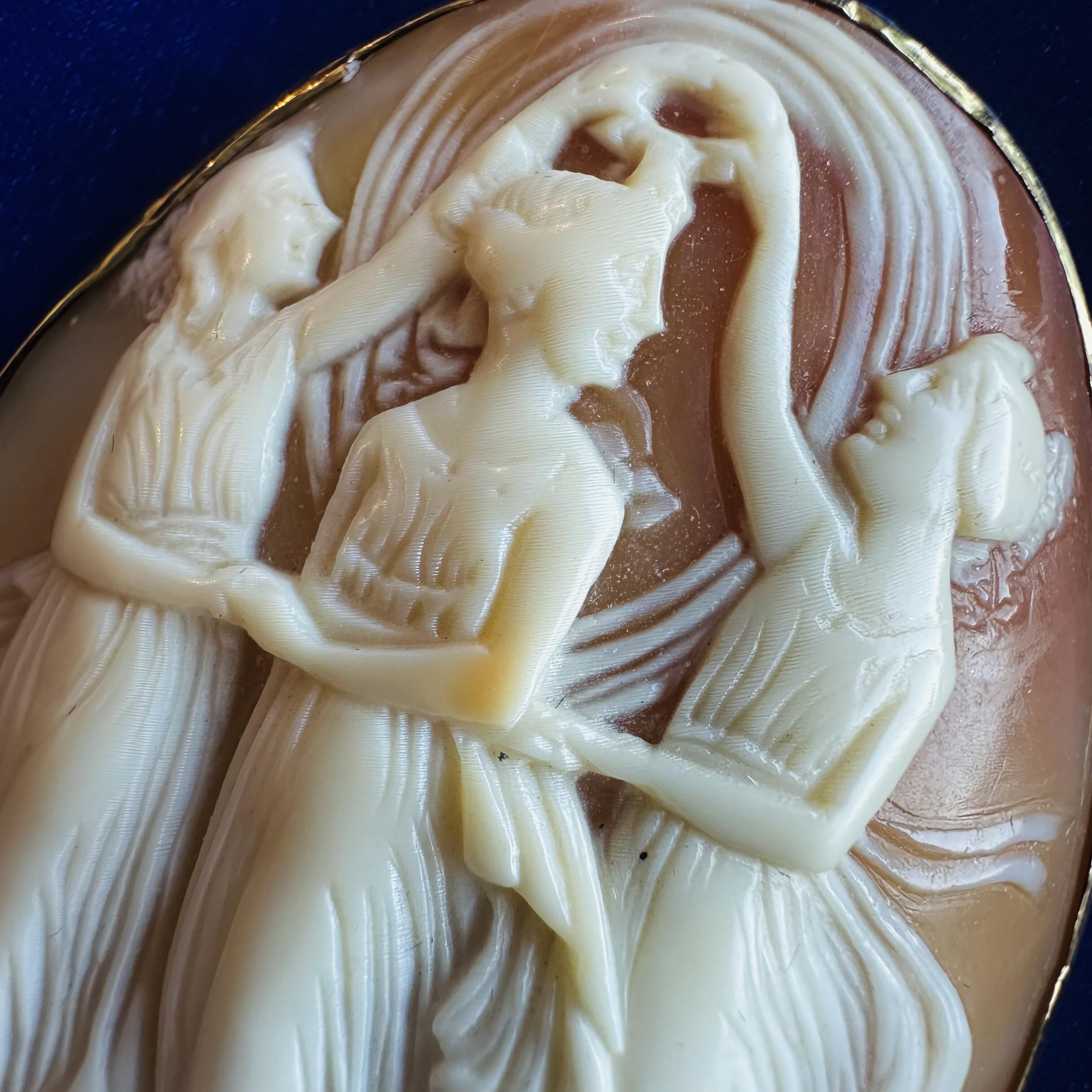 close up of Antique Cameo Brooch Three Graces – Italian Shell Carving, Signed, Gold Mount