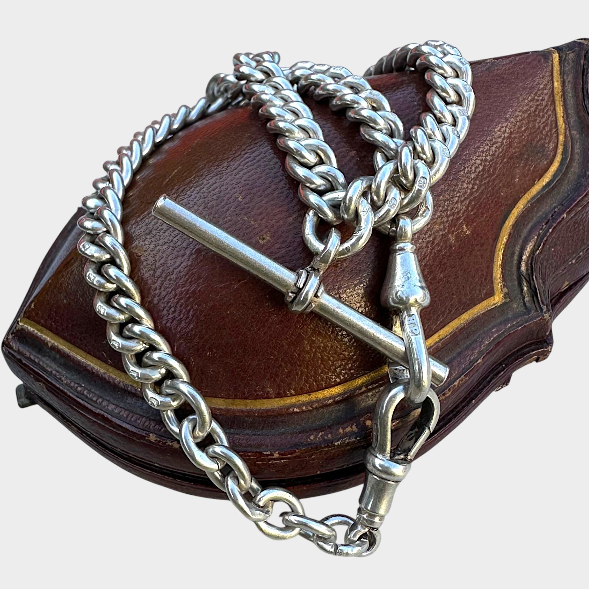 Antique Chunky Silver Albert Chain Necklace, T-Bar & Dog Clip displayed on red antique box