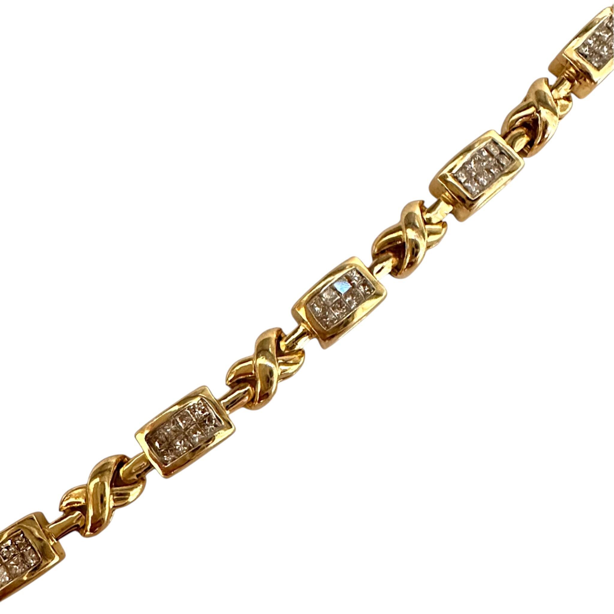 14k Gold Princess Cut Diamond Tennis Bracelet, white background.