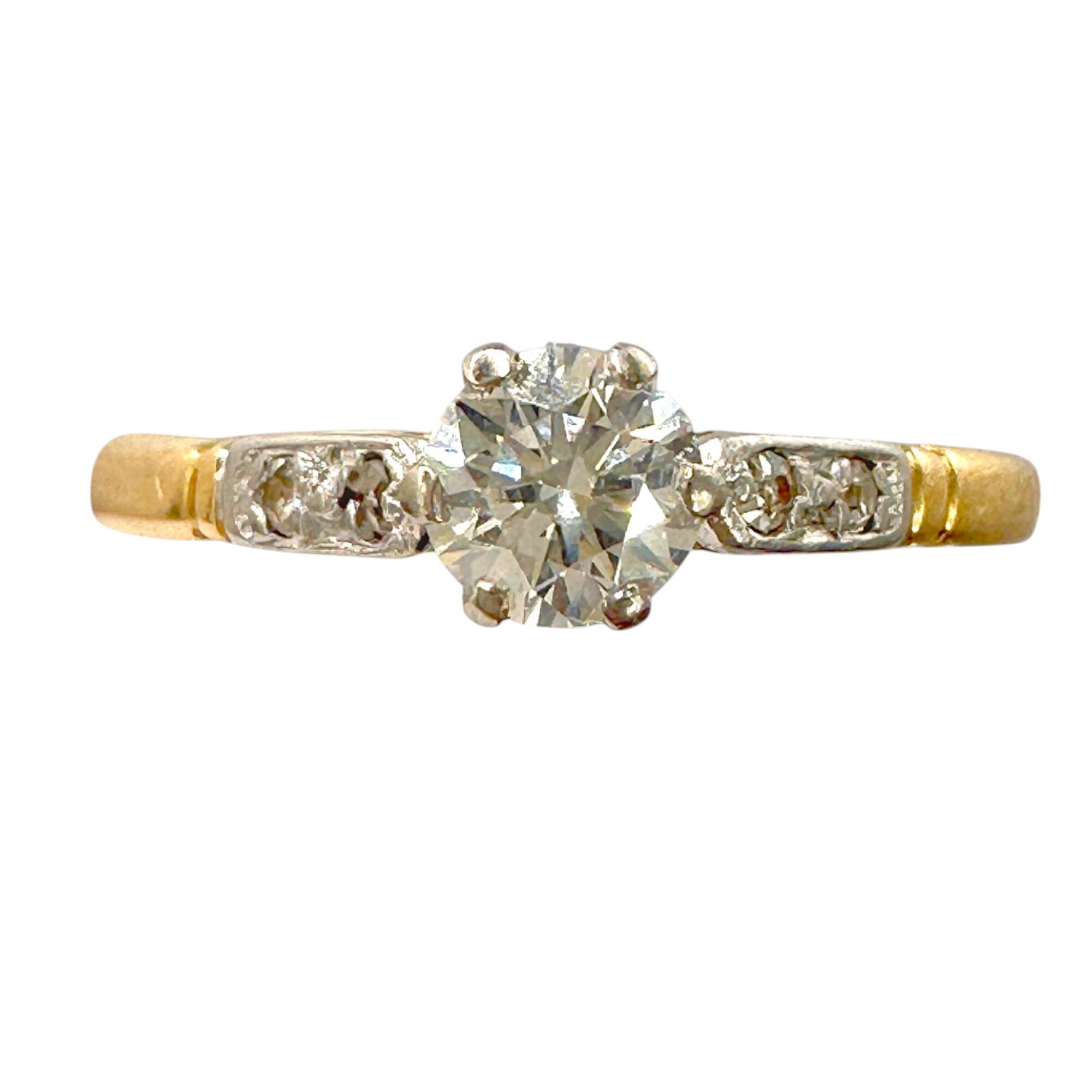 Art Deco 0.45ct Diamond Solitaire Engagement Ring, with diamond shoulders on white background, facing forwards