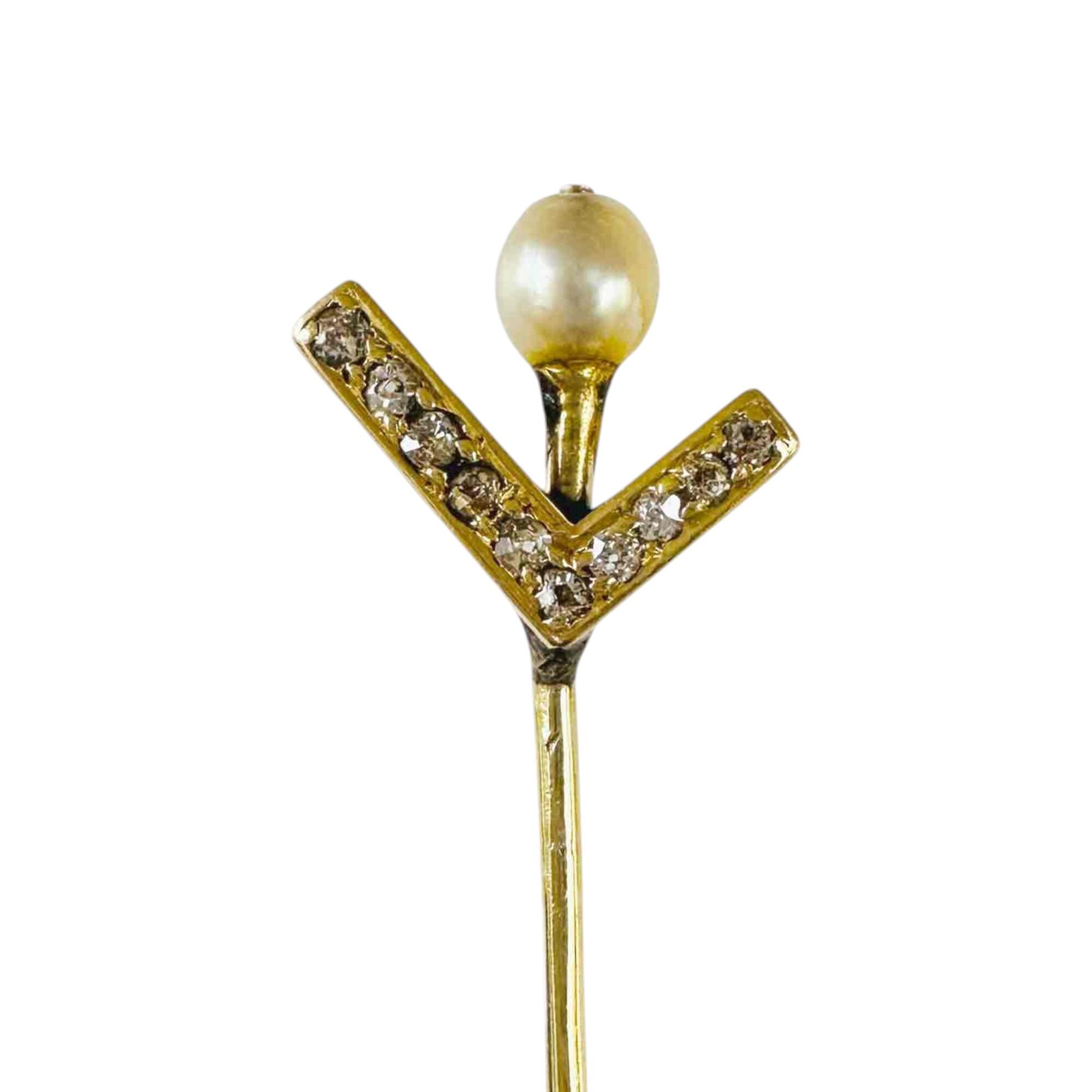yellow gold stickpin with pearl and diamond L or V initial