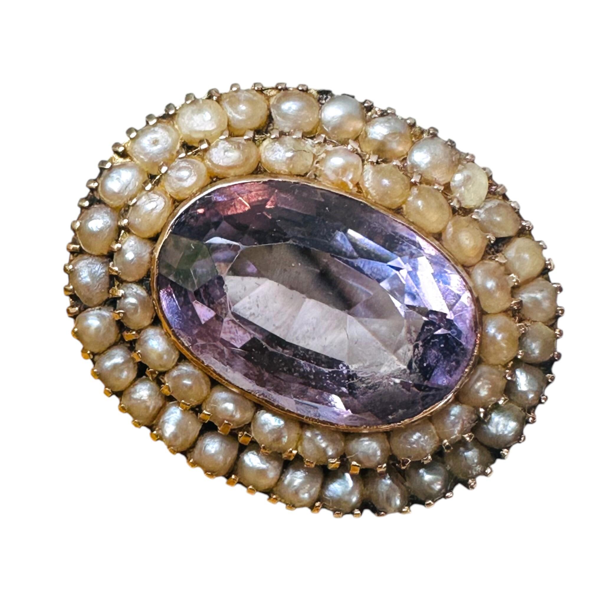 front view of Antique Victorian Gold Rose de France Amethyst & Seed Pearl Brooch with white background