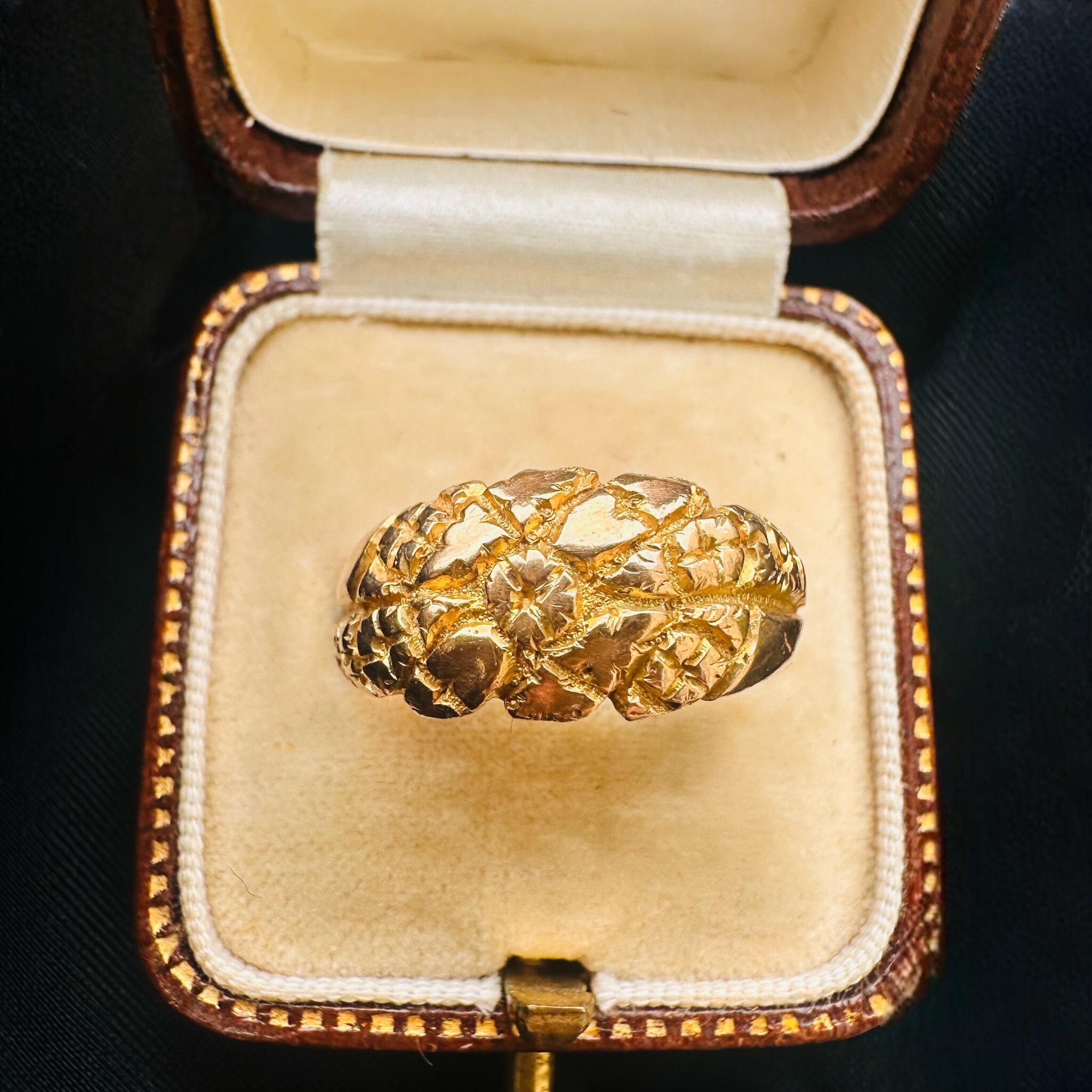 Antique Art Nouveau Gold English Repoussé Ivy & Rose Dress Ring displayed in antique box with black background