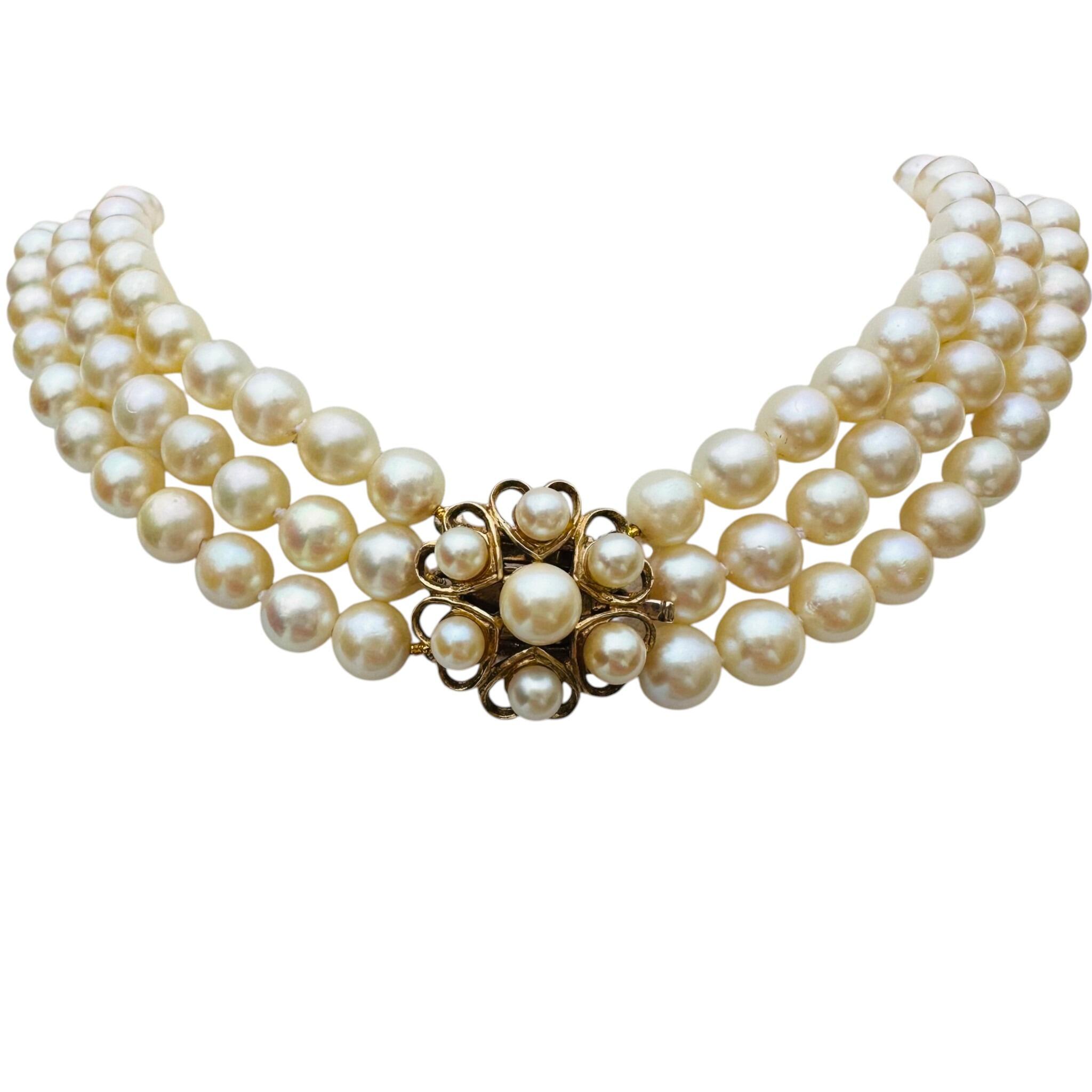 Vintage Cultured Saltwater Pearl 3 Row Necklace with Gold Pearl Cluster Heart Clasp with white background