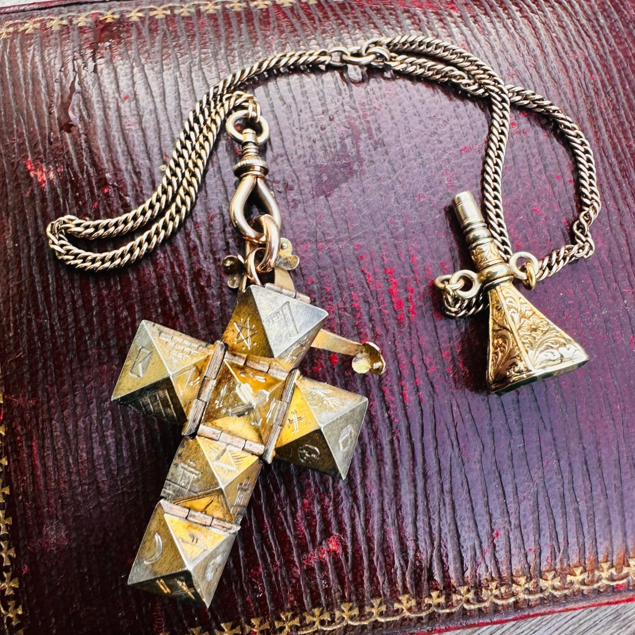 Rare Antique Rose Gold, Opening Hexagonal Cross Masonic Pendant & Bloodstone Watch Key Fob displayed on red antique box