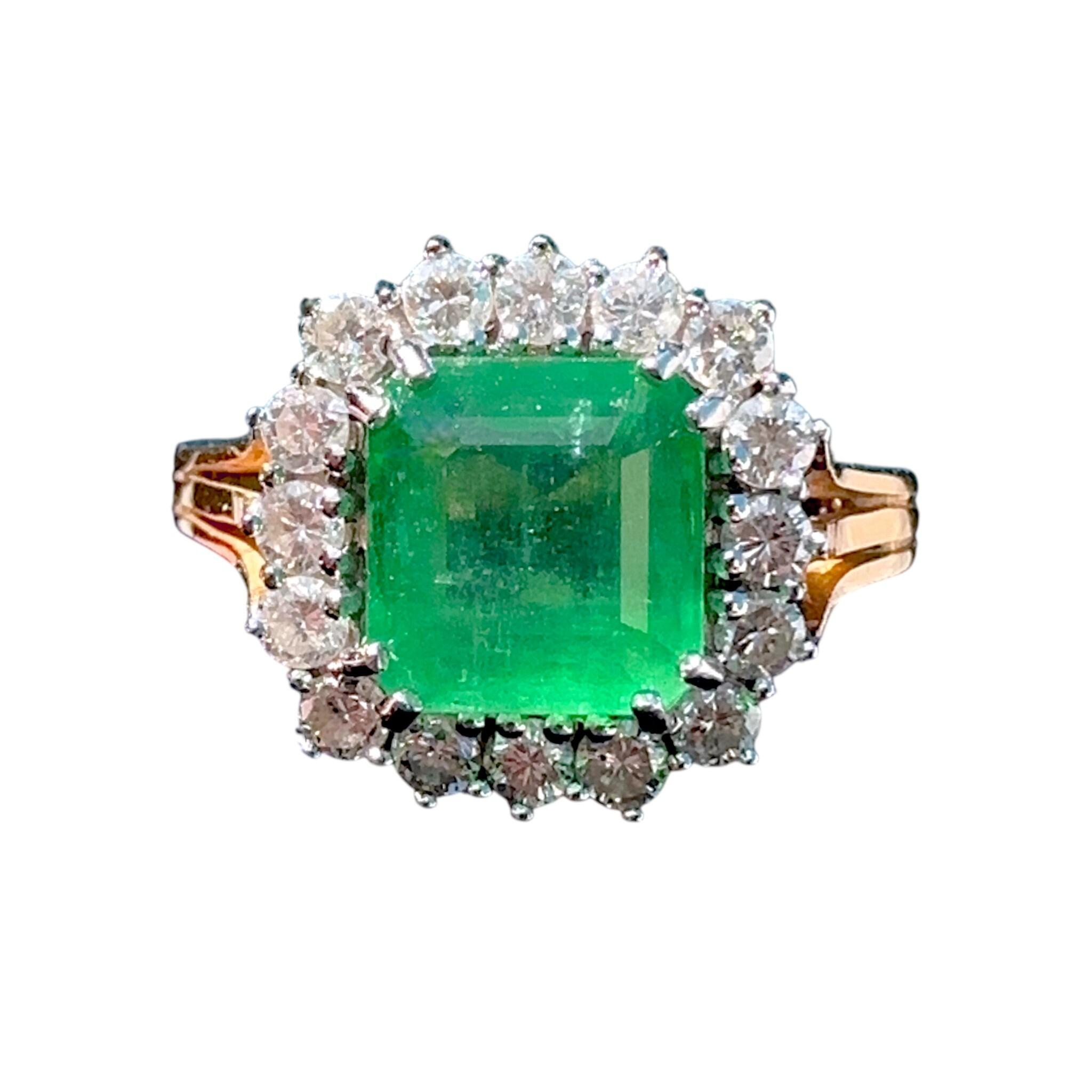 front view of Vintage Emerald & Diamond Cluster Ring with white background