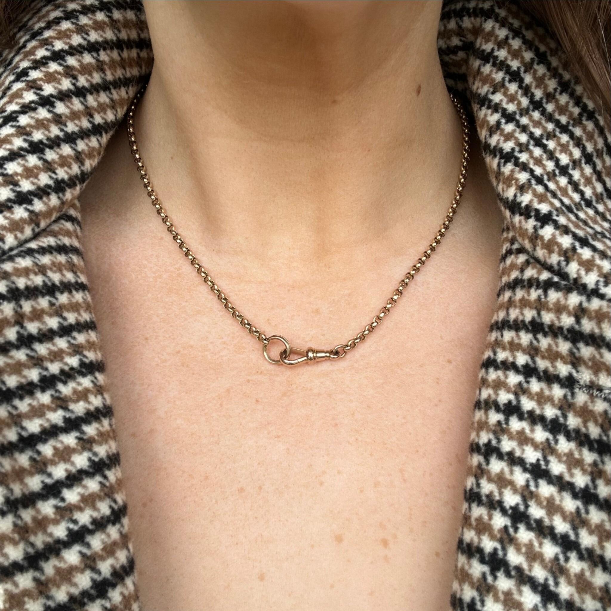 Antique Victorian 9ct Rose Gold Belcher Chain With Dog Clip & Split Ring clasp, worn on models