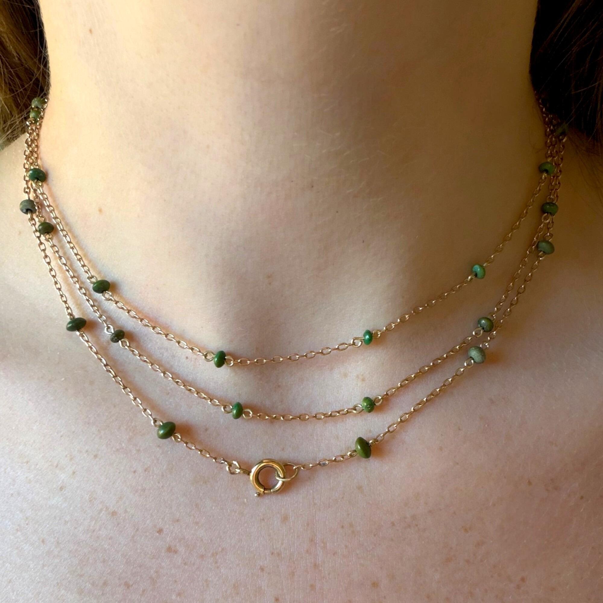 Antique Edwardian 9ct Rose Gold Turquoise Bead Guard Chain worn on models neck
