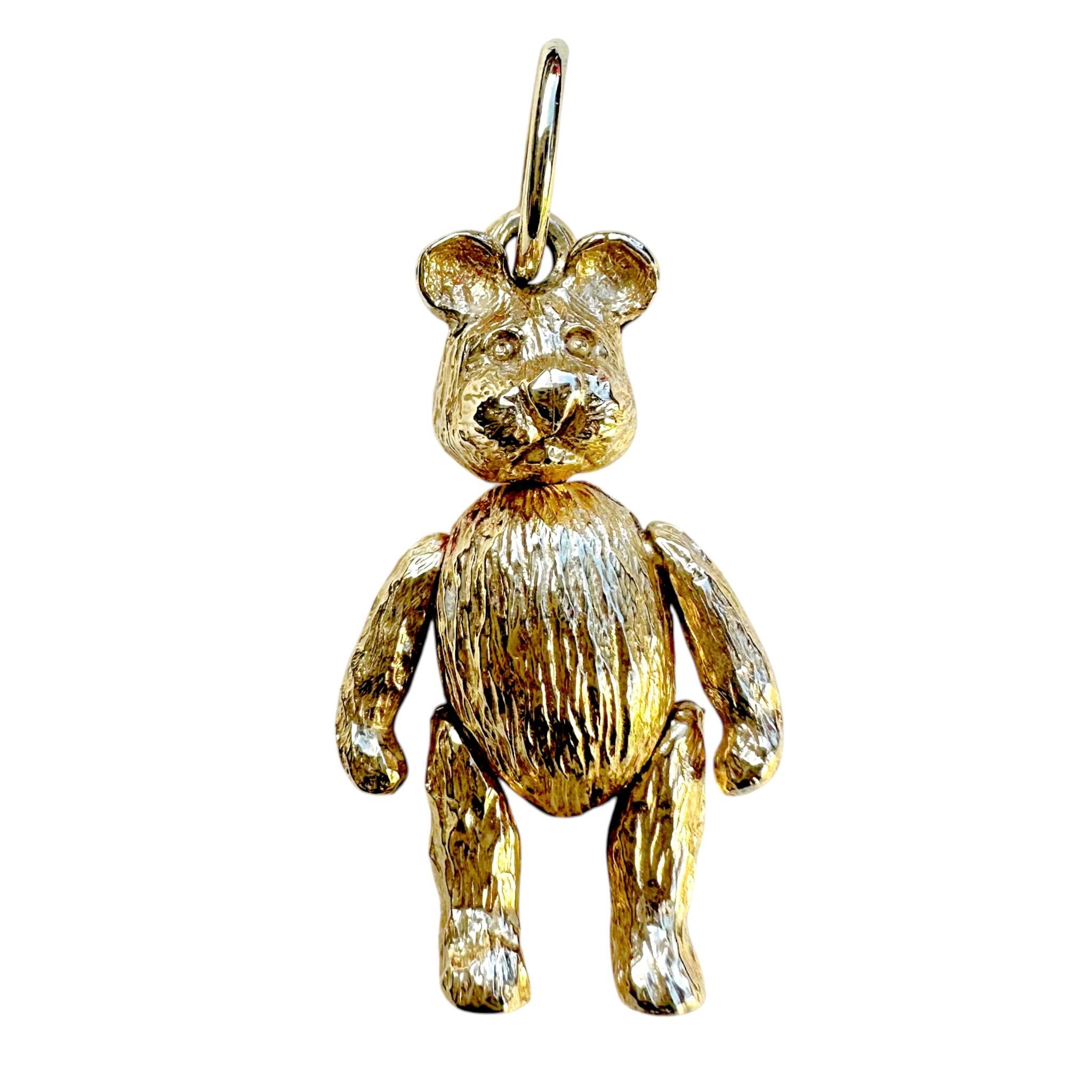 Vintage Gold Articulated Teddy Bear Charm Pendant, with white background