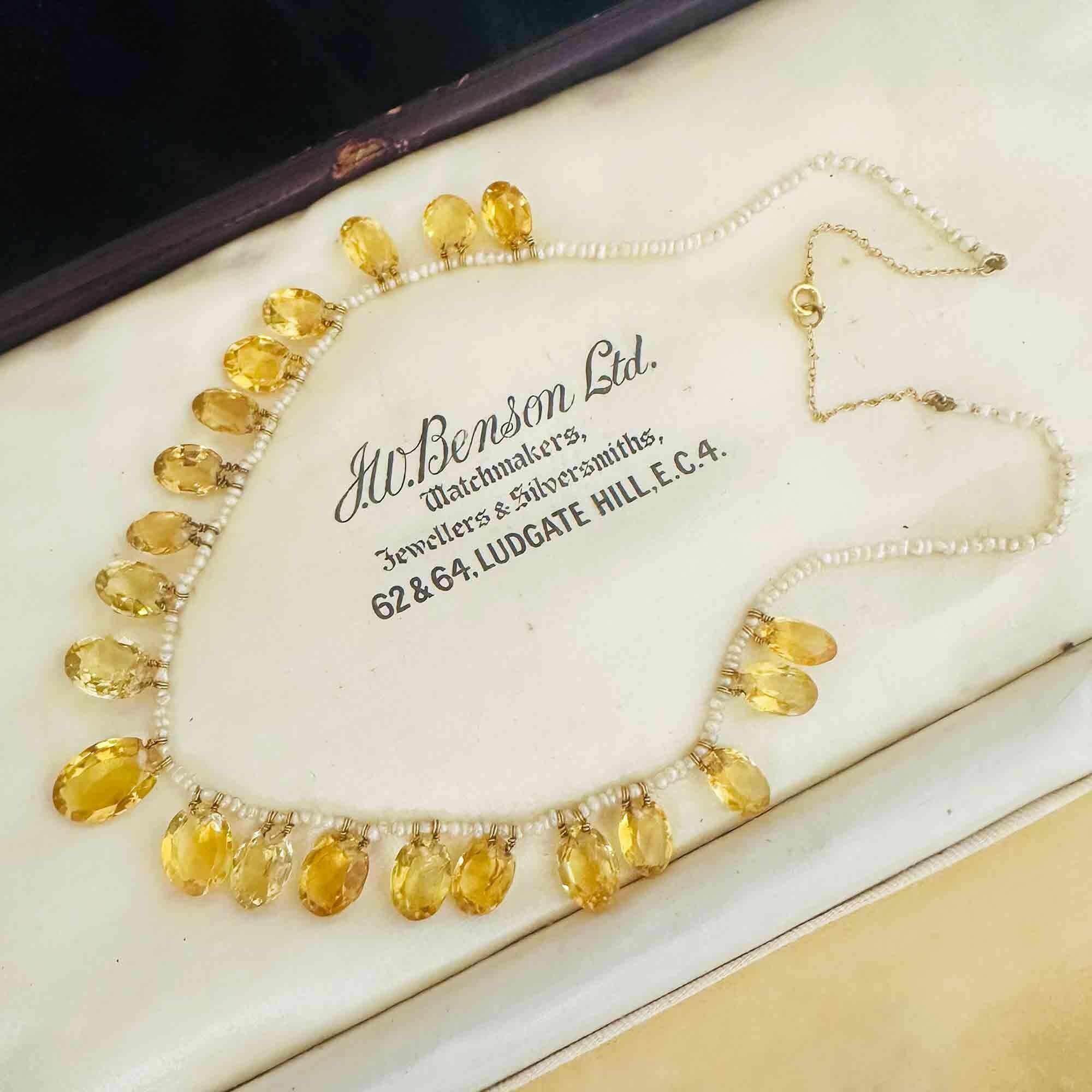 Full view of Edwardian citrine and pearl fringe necklace with 9ct gold chain, circa 1901.