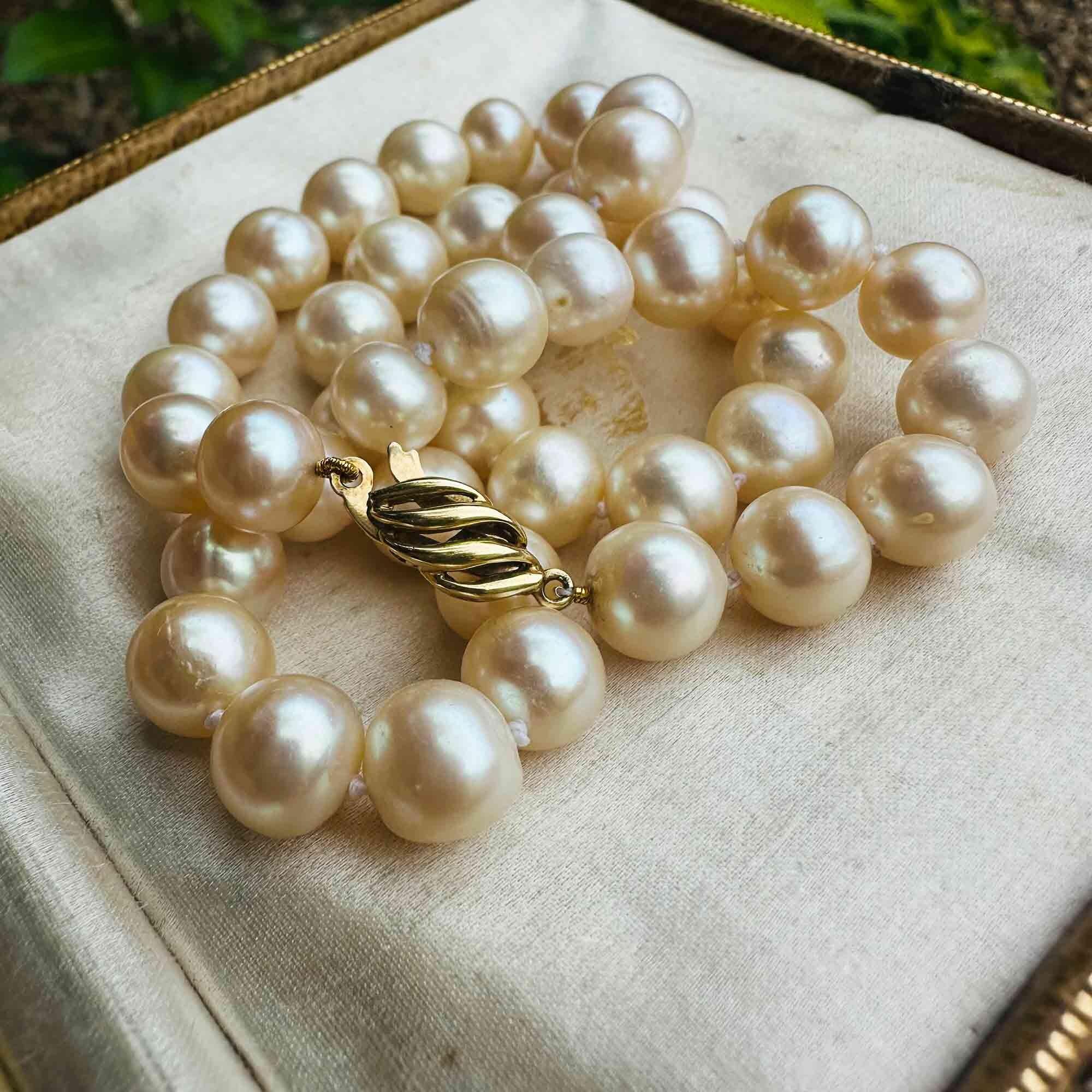 Luxury hand-knotted pearl necklace with 9.5mm pearls and 18k yellow gold clasp, displayed in antique box.