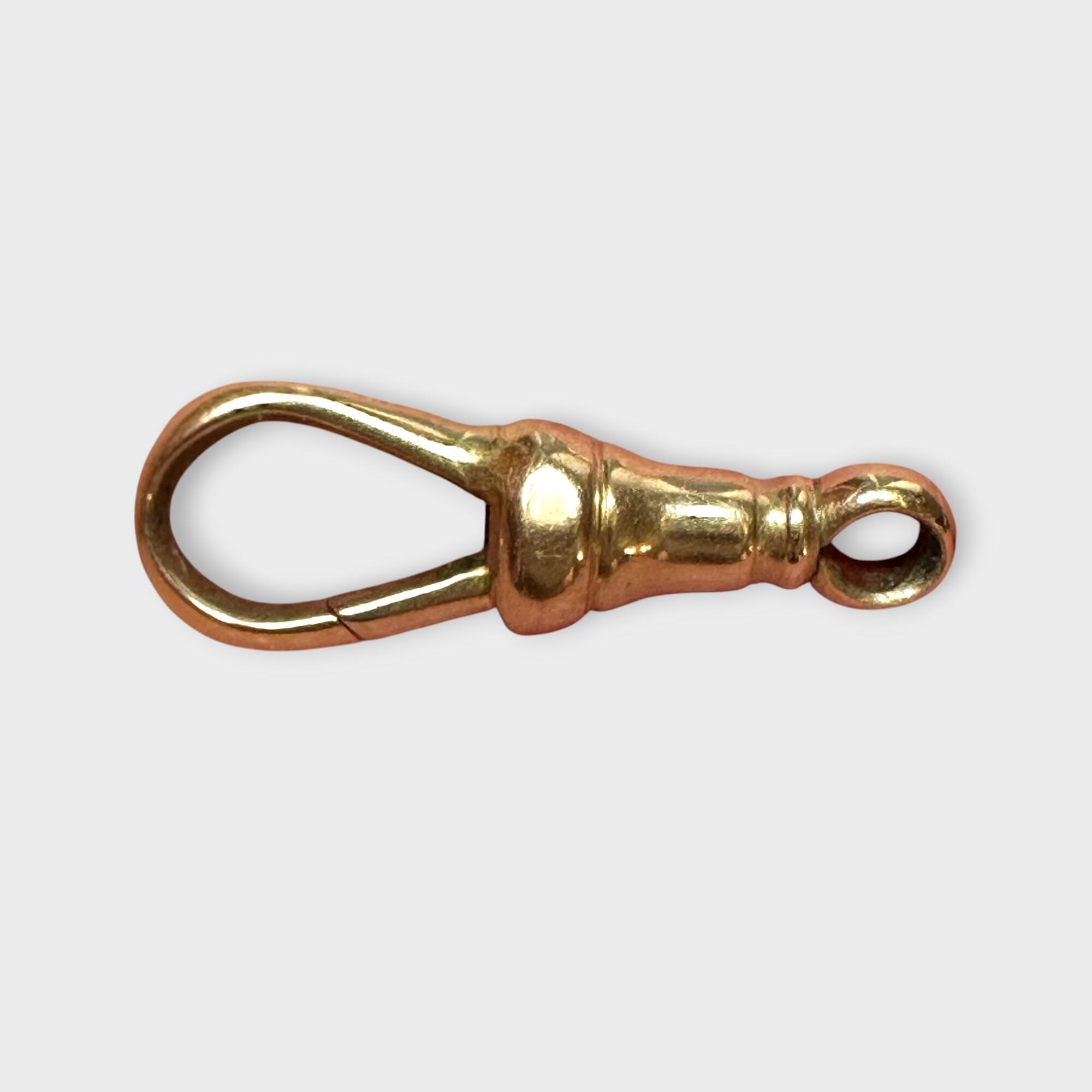 Rare Victorian 15K Gold Dog Clip Clasp – 19.2 x 7mm, 1.3g, grey background.