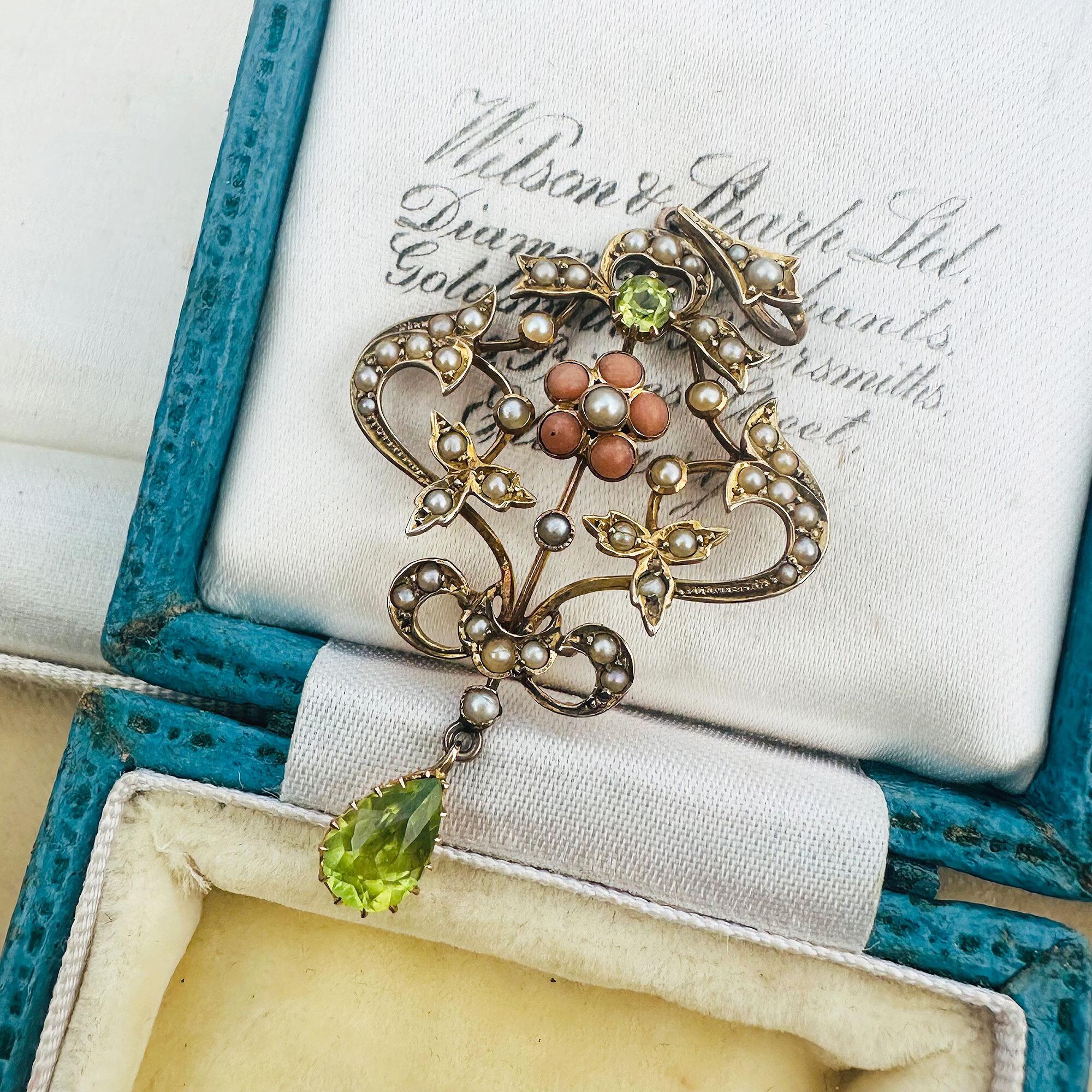 Art Nouveau 9k gold Lavaliere Pendant Peridot & Pearl Floral Motif, on antique box.
