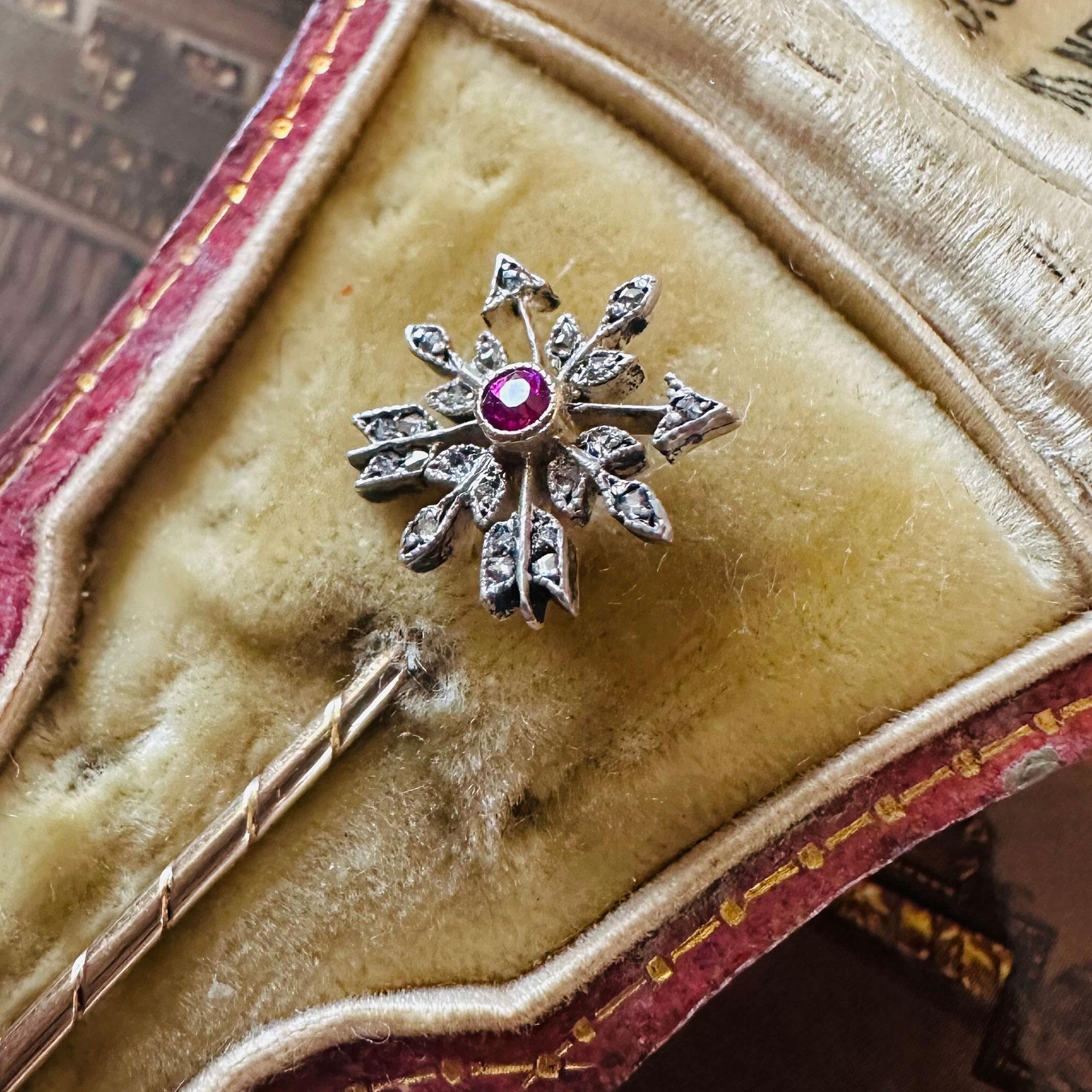 Rare Gold Ruby & Diamond Arrow Stick Pin in antique S J Phillips, Bond Street London box