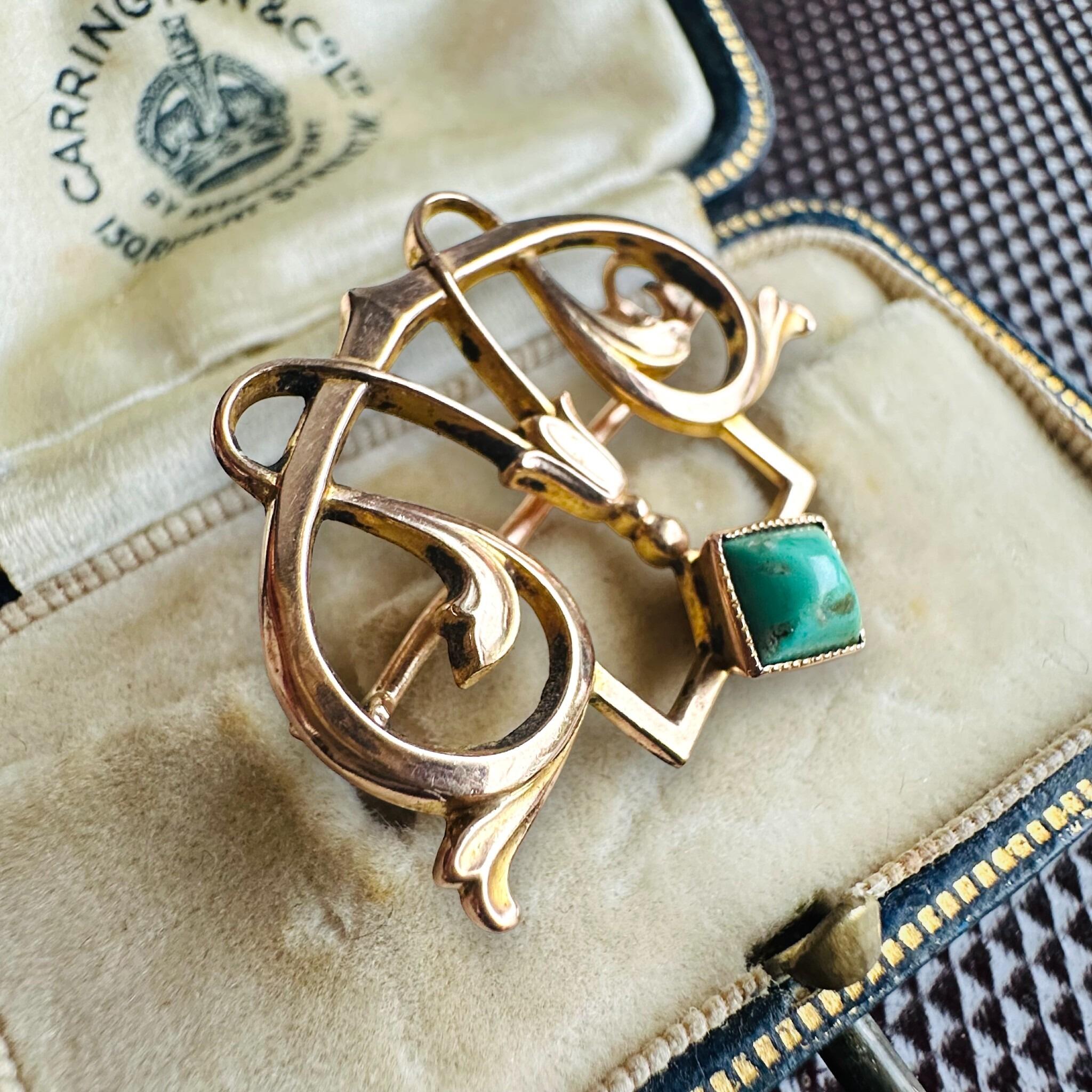 close up, Art Nouveau Jugendstil Turquoise Brooch in 9k Rose Gold, displayed in antique box.