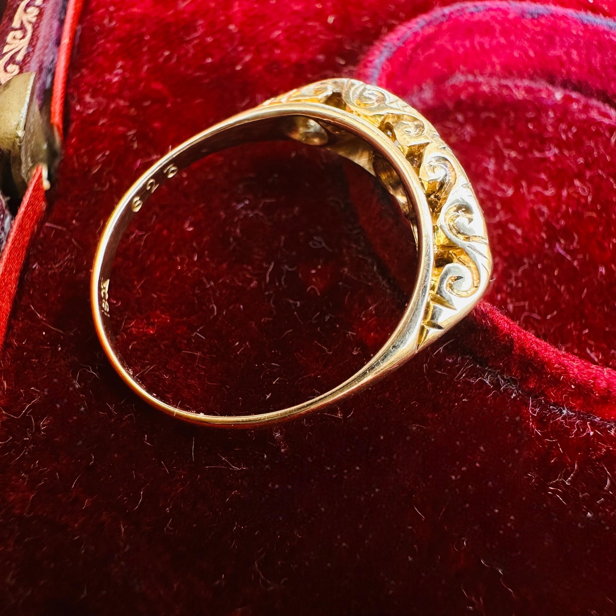 top view, Victorian 18ct Gold Old-Cut Diamond Carved Hoop Ring displayed in antique box.
