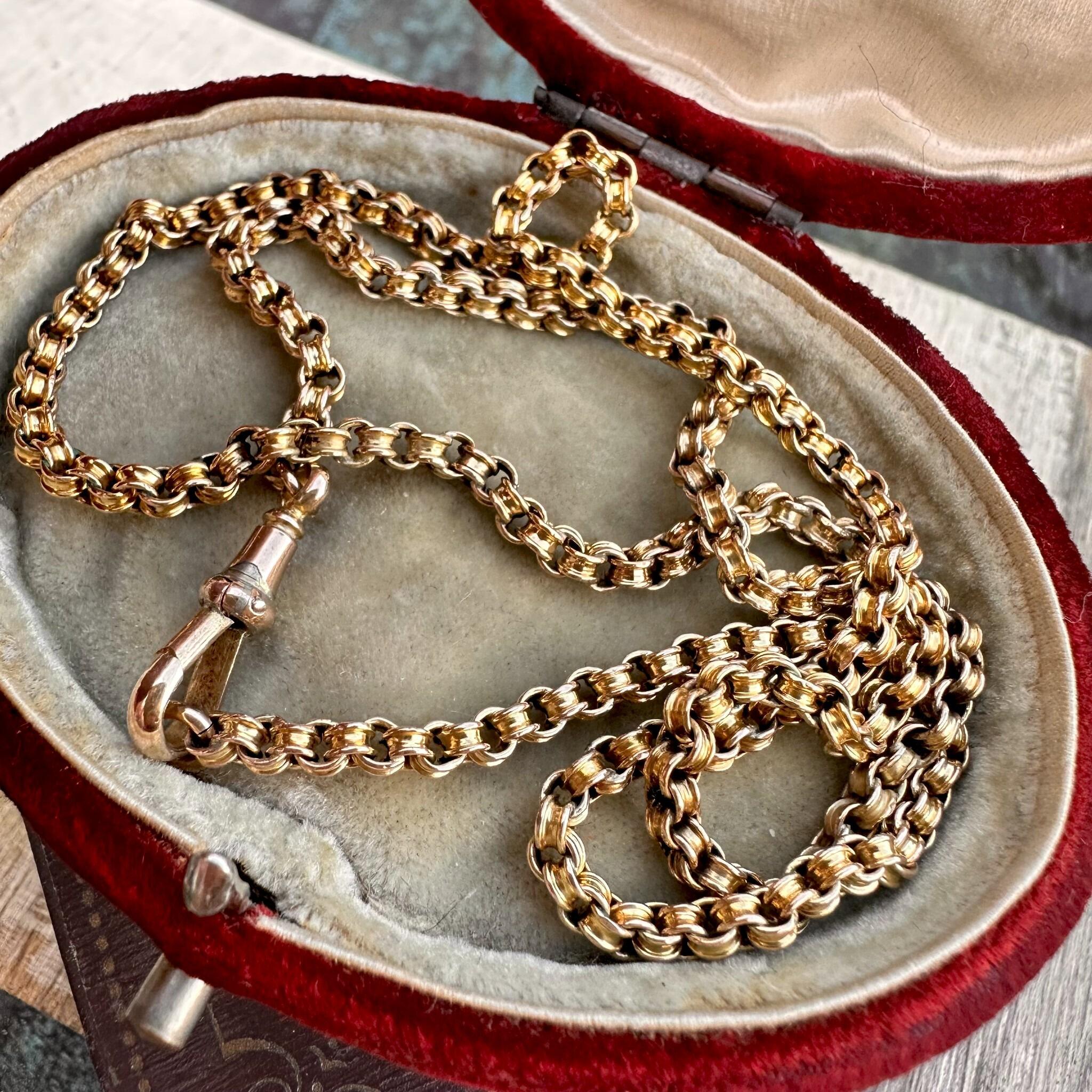 Gold Double Belcher Link Chain& Dog Clip Clasp, displayed in antique box